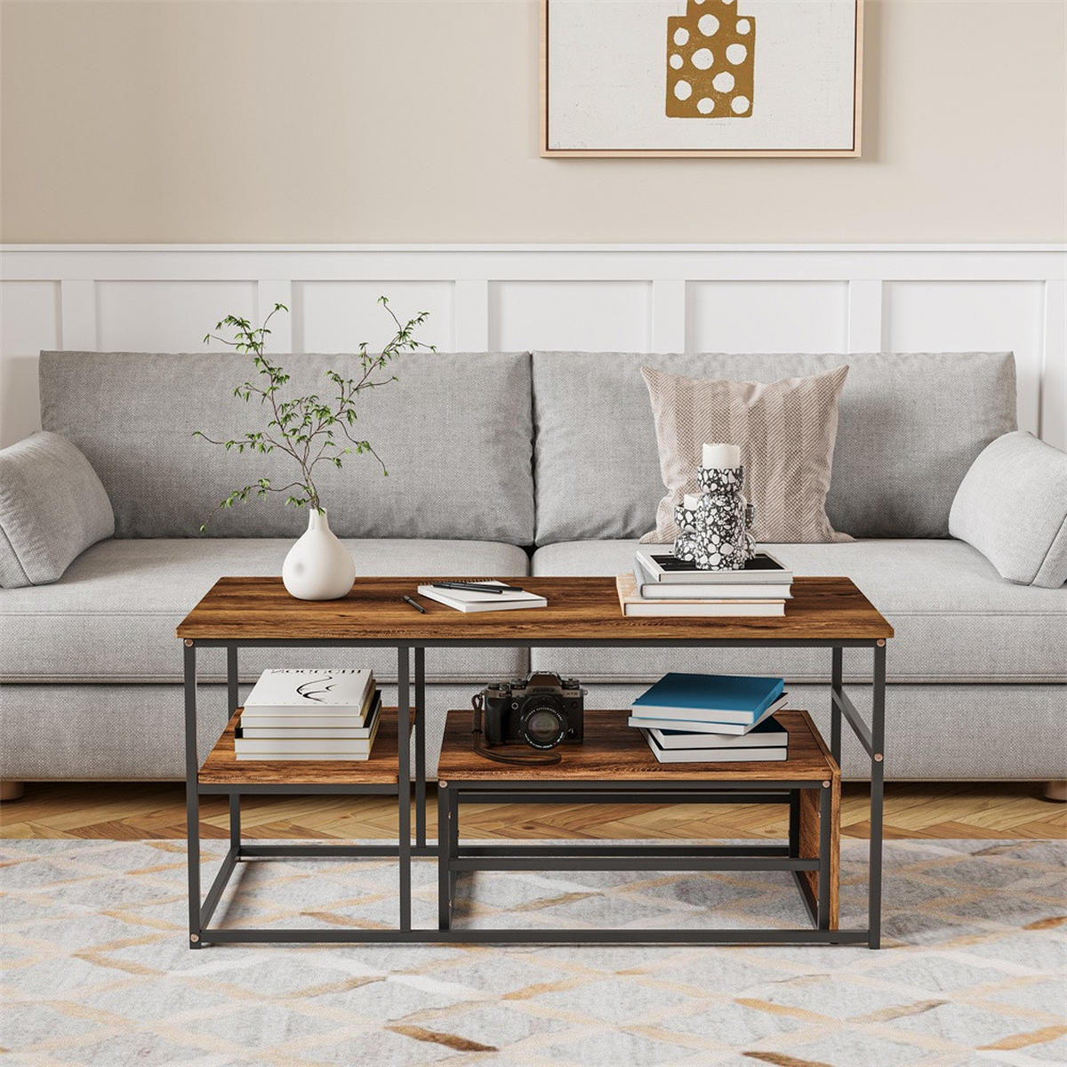 COUCHTISCH Rechteckig - Couchtisch mit Tischplatte in Holzmaserung und schwarzem Metallgestell - Braun und Schwarz - Braun, Holzwerkstoff (52/105/48.5cm) - DELFA