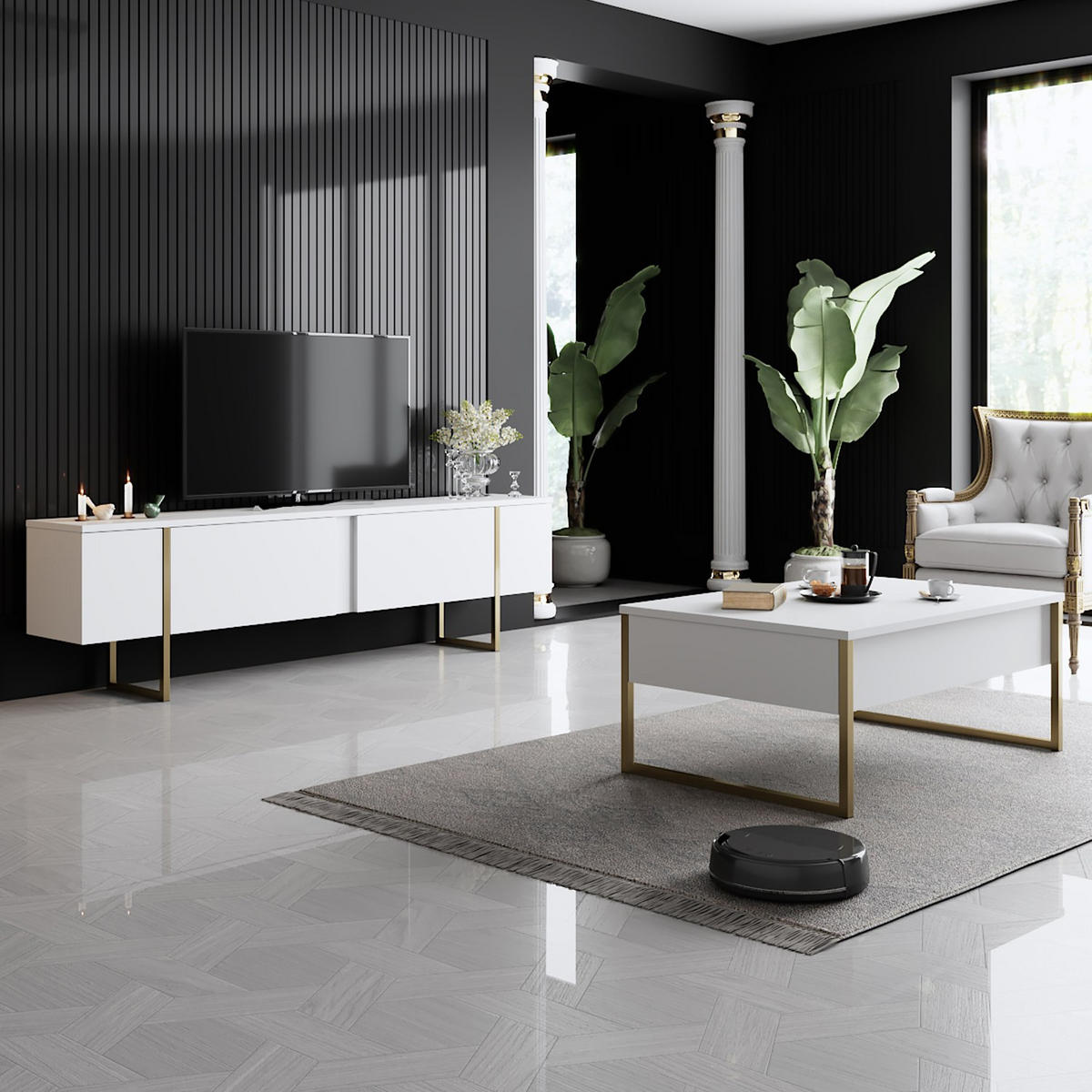 TV-MÖBEL Luxe Weißgold - Weiß, Holz (180/50/30cm) - Habitat Garten