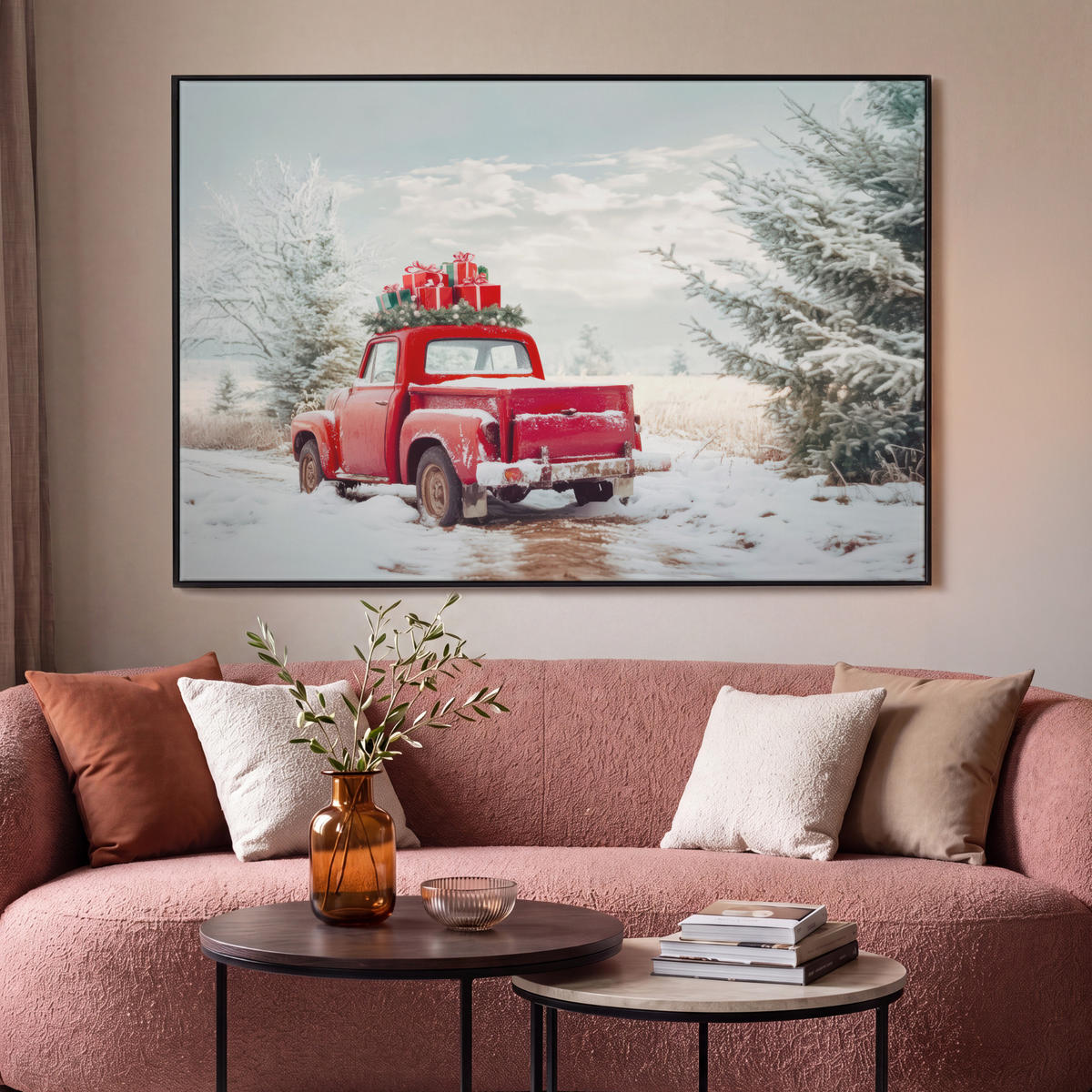 LEINWAND Bilder mit Rahmen - Auto - Rot - Geschenke - Winter - Schnee - Weihnachten - 120x80 - Rot, Textil (120/80cm) - MuchoWow