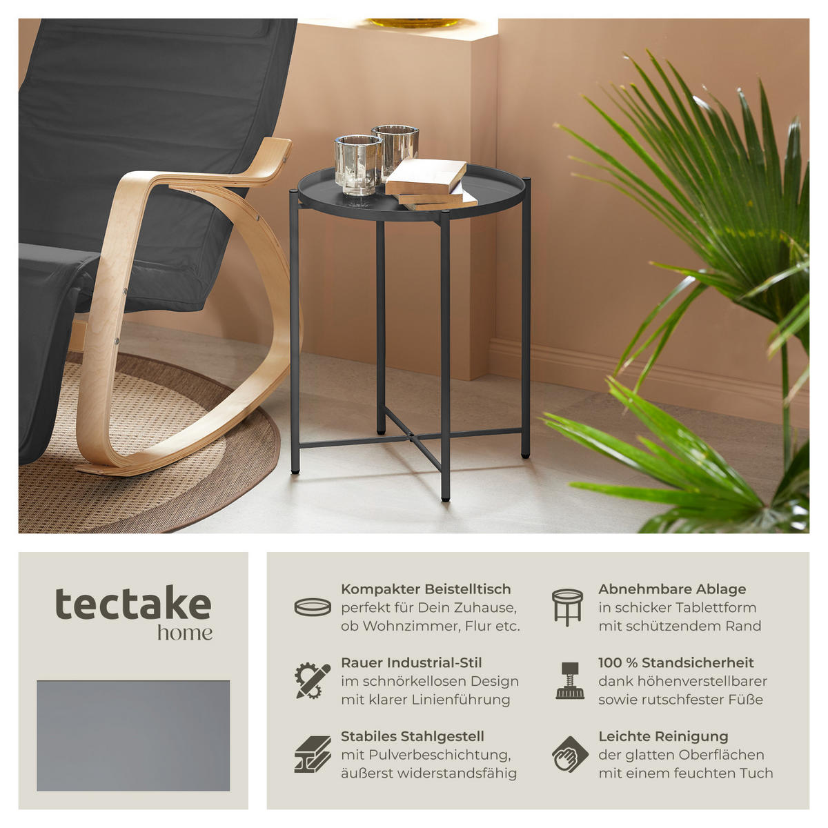 BEISTELLTISCH Chester,45,5 x 45,5 x 53 cm,dunkelgrau - Dunkelgrau, Metall (45.5/45.5/53cm) - tectake