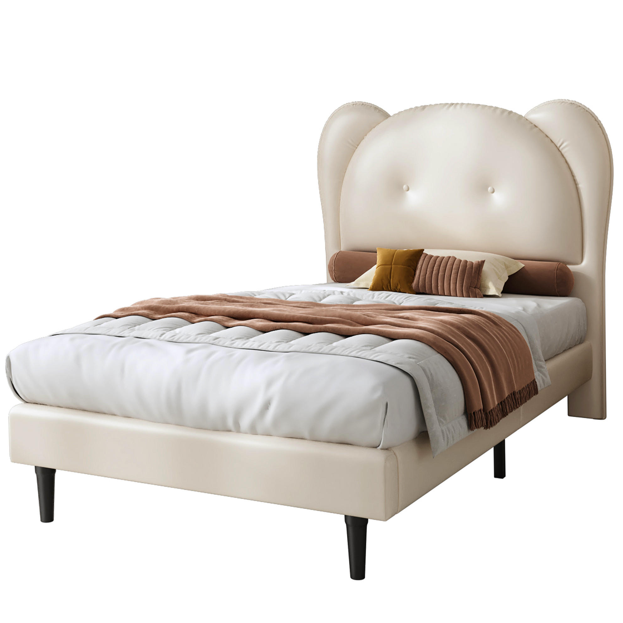POLSTERBETT 90/200 cm Beige mit niedlichem Kopfteil in Tierform aus PU - Beige, Kunststoff (90/200cm) - OKWISH