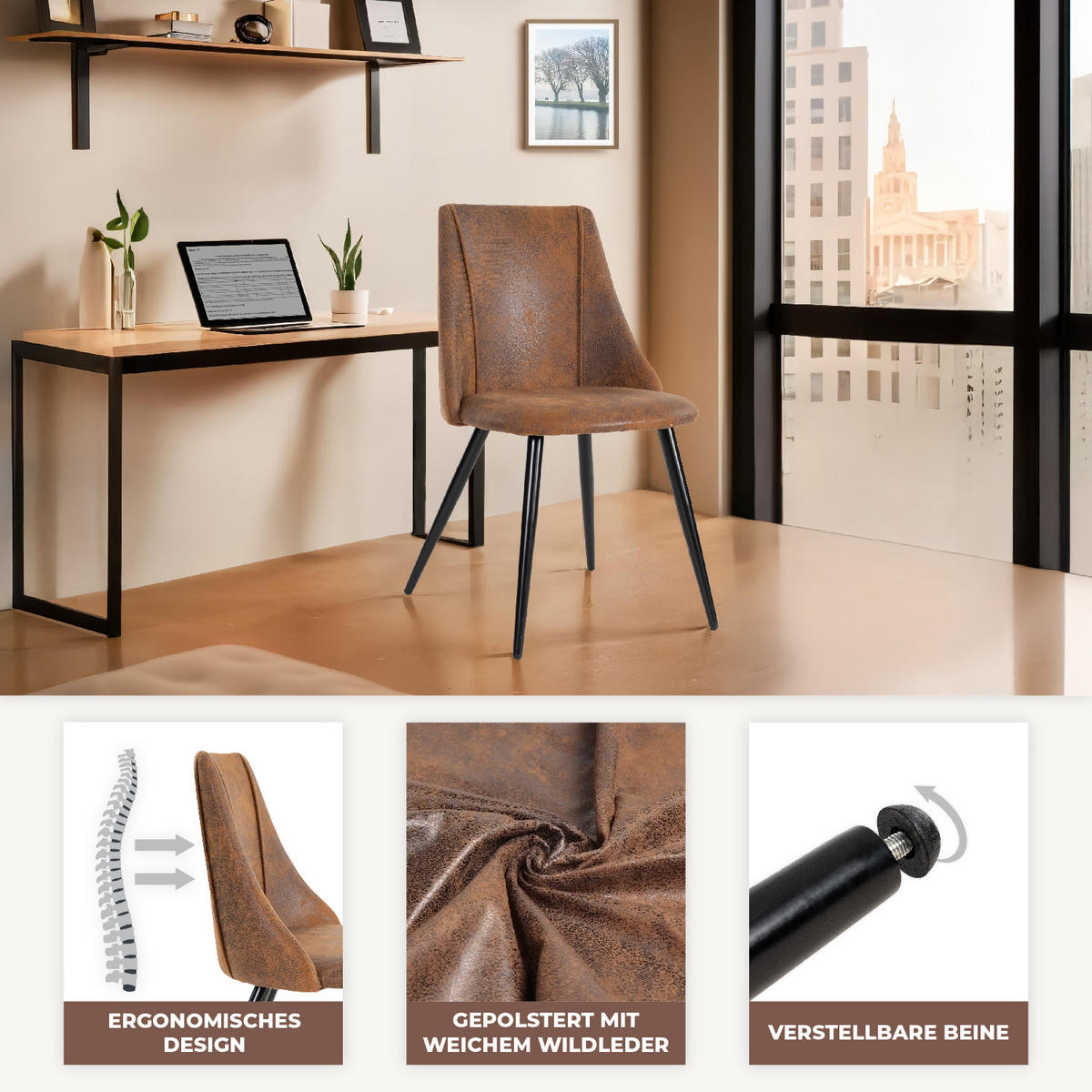 ESSGRUPPE mit ausziehbarem Tisch und 4 Stühlen in Wildlederoptik, Braun - Multicolor/Schwarz, Metall (40/86/39cm) - Meubles Cosy