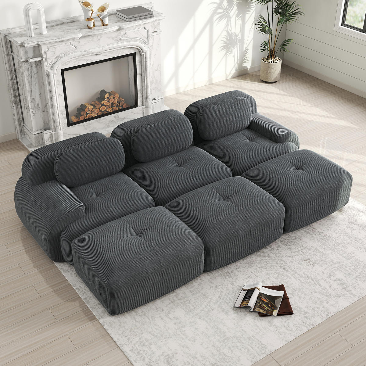 3-SITZER SOFA Cord Grau mit 3 Hocker - Grau, Textil (298/75/178cm) - WISHDOR