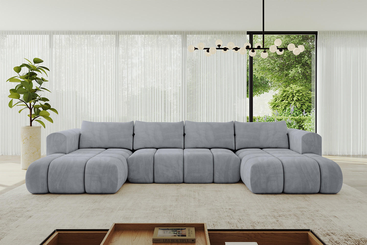 WOHNLANDSCHAFT Ottomane Links CLOUD-U 414x180x40 Hellgrau Velours - Hellgrau, Holzwerkstoff/Kunststoff (414/90/180cm) - ALTDECOR