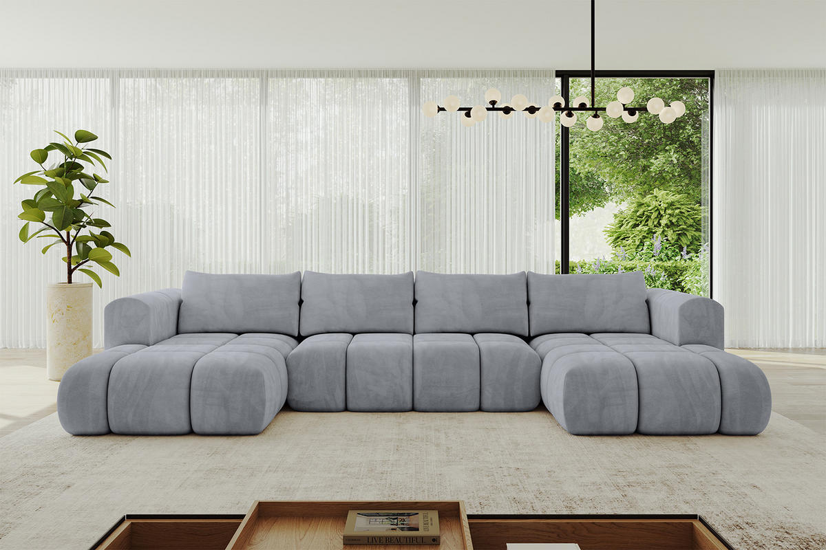 WOHNLANDSCHAFT Ottomane Links CLOUD-U 414x180x40 Hellgrau Velours - Hellgrau, Holzwerkstoff/Kunststoff (414/90/180cm) - ALTDECOR