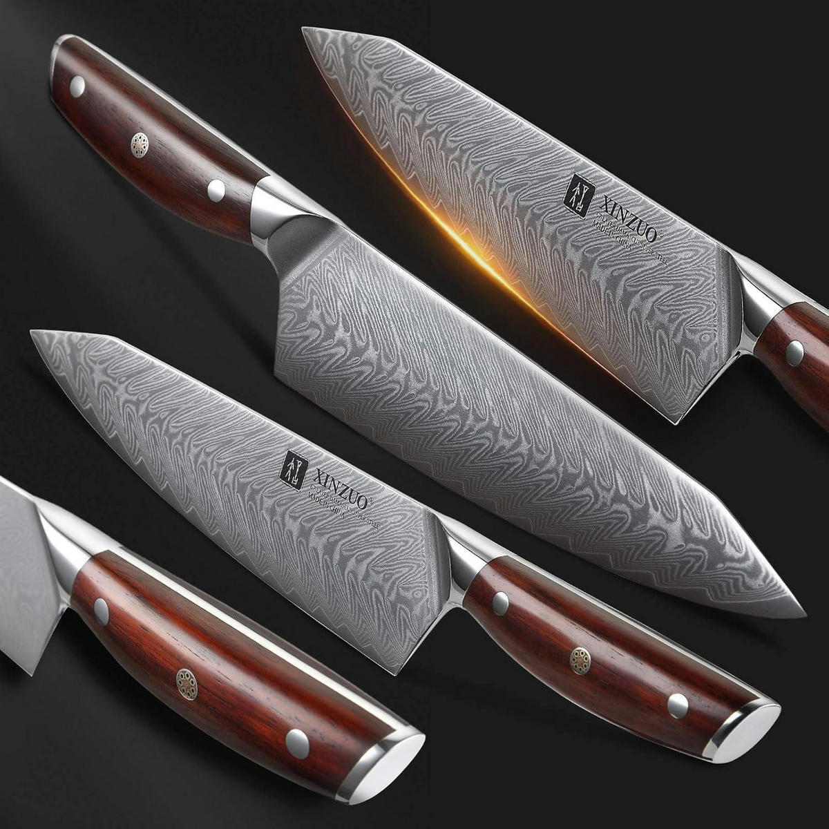 KÜCHENMESSER Set 5-teilig Damaststahl Rosenholz Griff - Multicolor, Holz