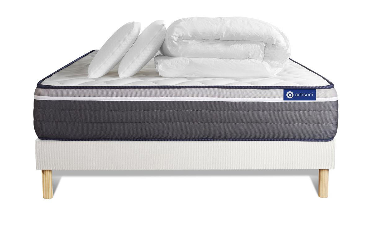 BETT Actimemo plus Memory-Schaum 200 x 200 cm h4 - Kit Bettgestell Weiß - Mit Kissen und Bettdecke - Beige/Weiß, Karton/Holz (200/200cm) - ACTISOM