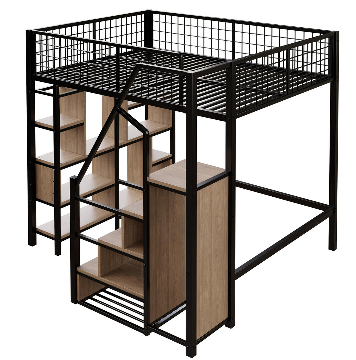 HOCHBETT 140/200 cm aus Metall und Holzwerkstoff mit Stauraumtreppe und offenem Arbeitsbereich, Schwarz - Schwarz, Metall (140/200cm) - Redom