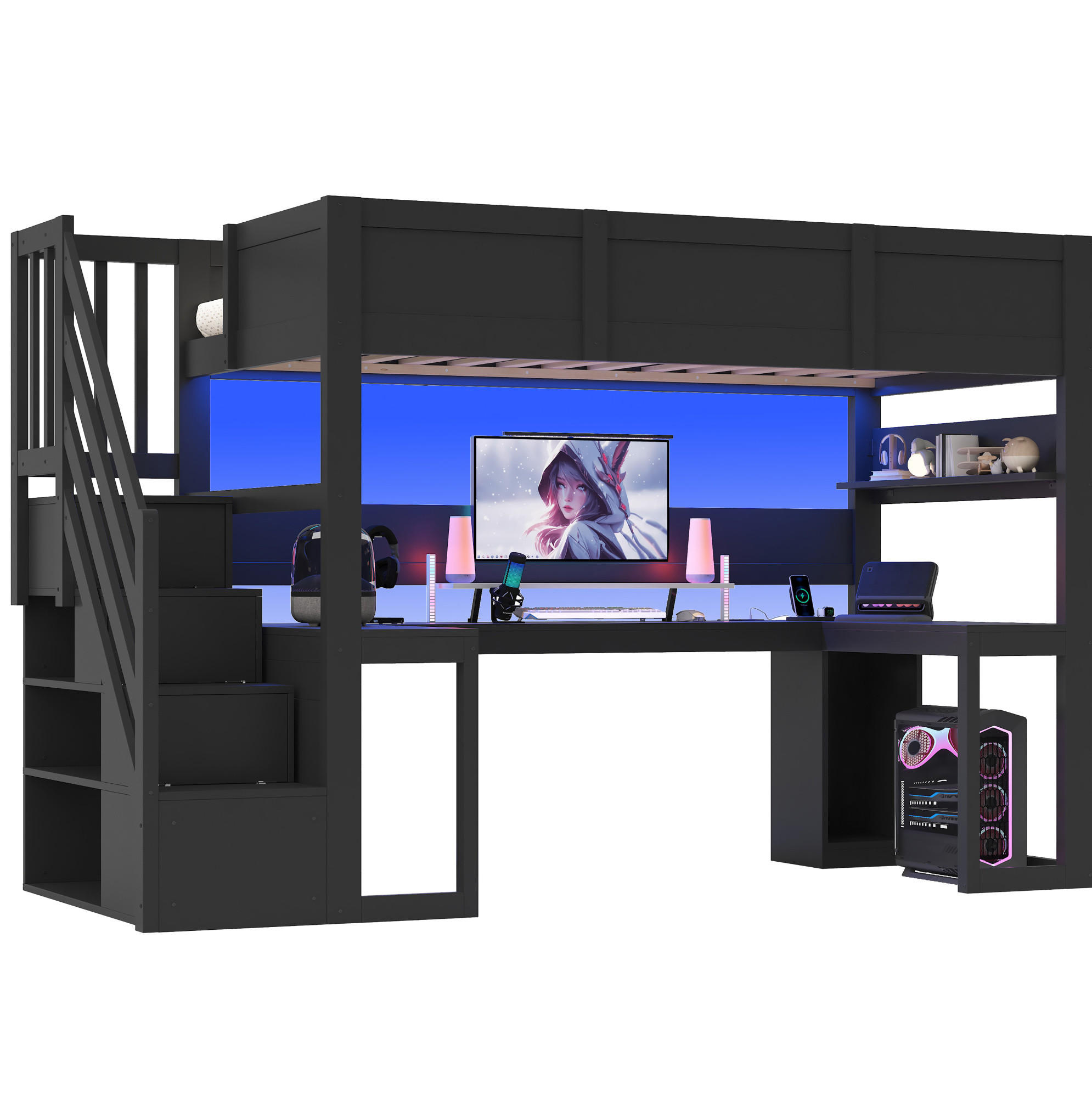 HOCHBETT aus MDF und Sperrholz 90x200 cm Schwarz mit Gaming-Schreibtisch, Stauraumtreppe, LED und USB-Anschluss - Schwarz, Holzwerkstoff (90/200cm) - Modfu
