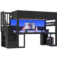 HOCHBETT aus MDF und Sperrholz 90x200 cm Schwarz mit Gaming-Schreibtisch, Stauraumtreppe, LED und USB-Anschluss - Schwarz, Holzwerkstoff (90/200cm) - Modfu
