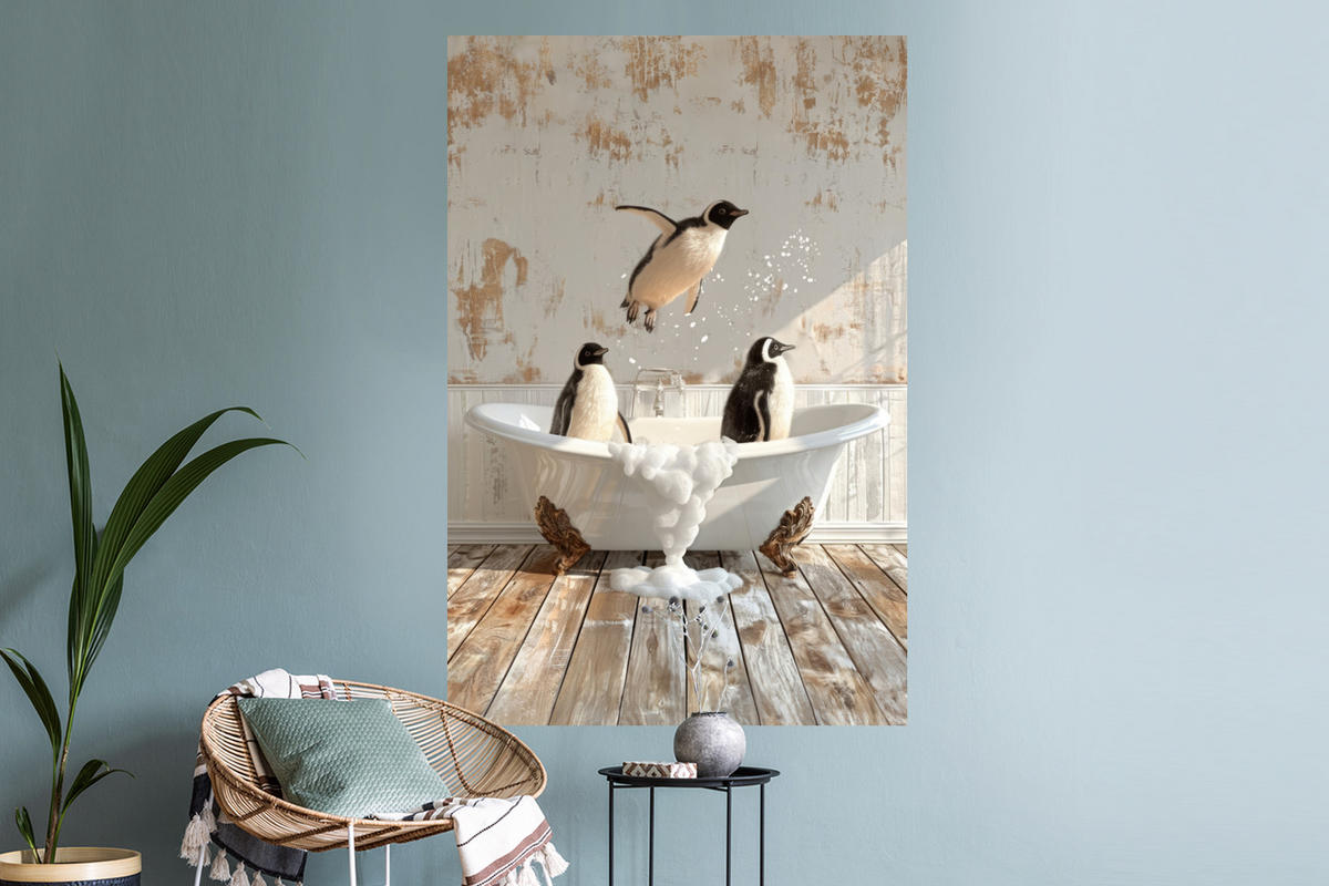 WANDTATTOO Vintage - Pinguin - Badewanne - Schaumstoff 80x120 cm - Schwarz, Kunststoff (80/120/0.1cm) - MuchoWow