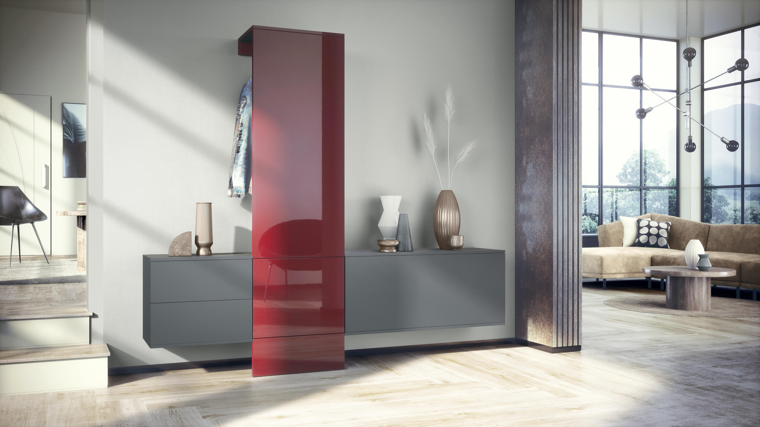 GARDEROBE DualVista Bordeaux Hochglanz - Bordeaux, Holzwerkstoff (208/193/35cm) - Vladon