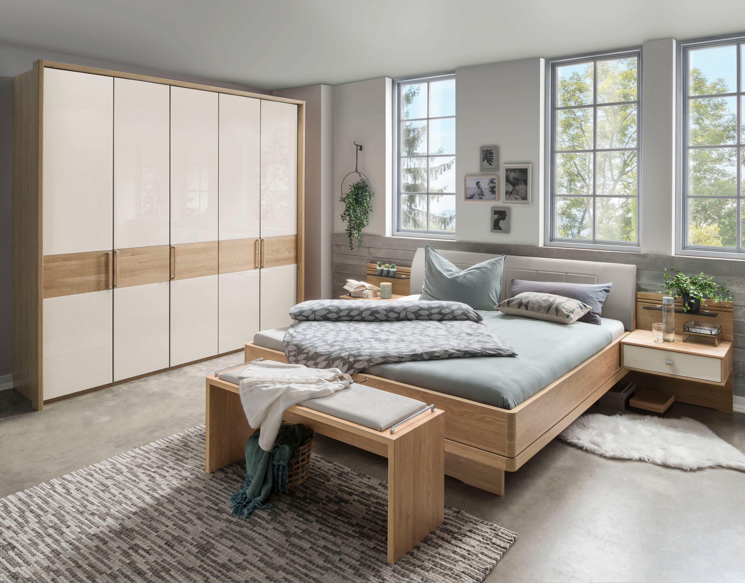 SCHLAFZIMMER Lenvara in Champagner 4 teilig mit Drehtürenschrank ohne Spiegel, Passepartout, zwei Nachttische und Komfortbett - Braun, Holzwerkstoff (80/200/120cm)