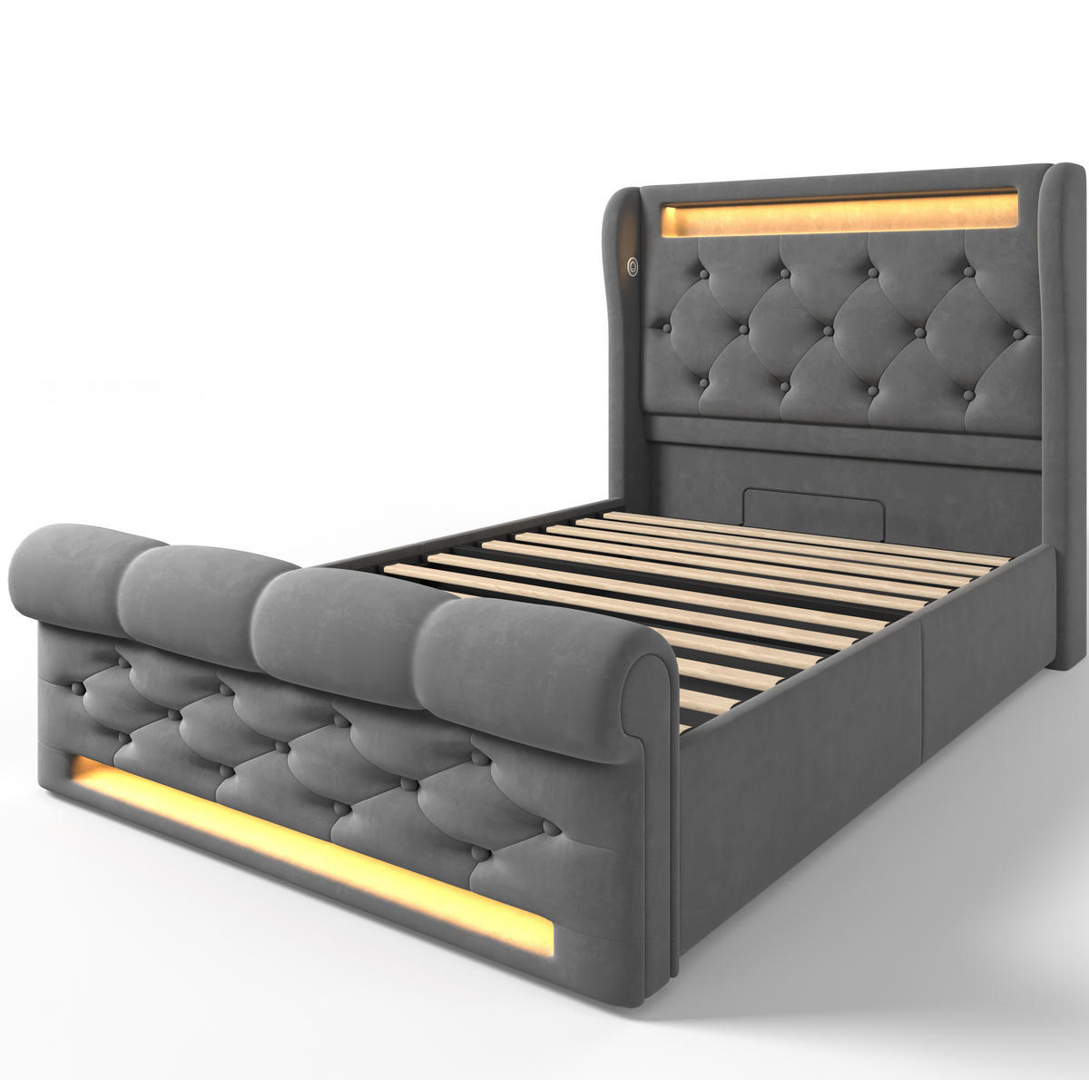 POLSTERBETT 90/200 cm Grau mit LED-Beleuchtung und Stauraum-Kopfteil aus Samt - Grau, Textil (90/200cm) - OKWISH