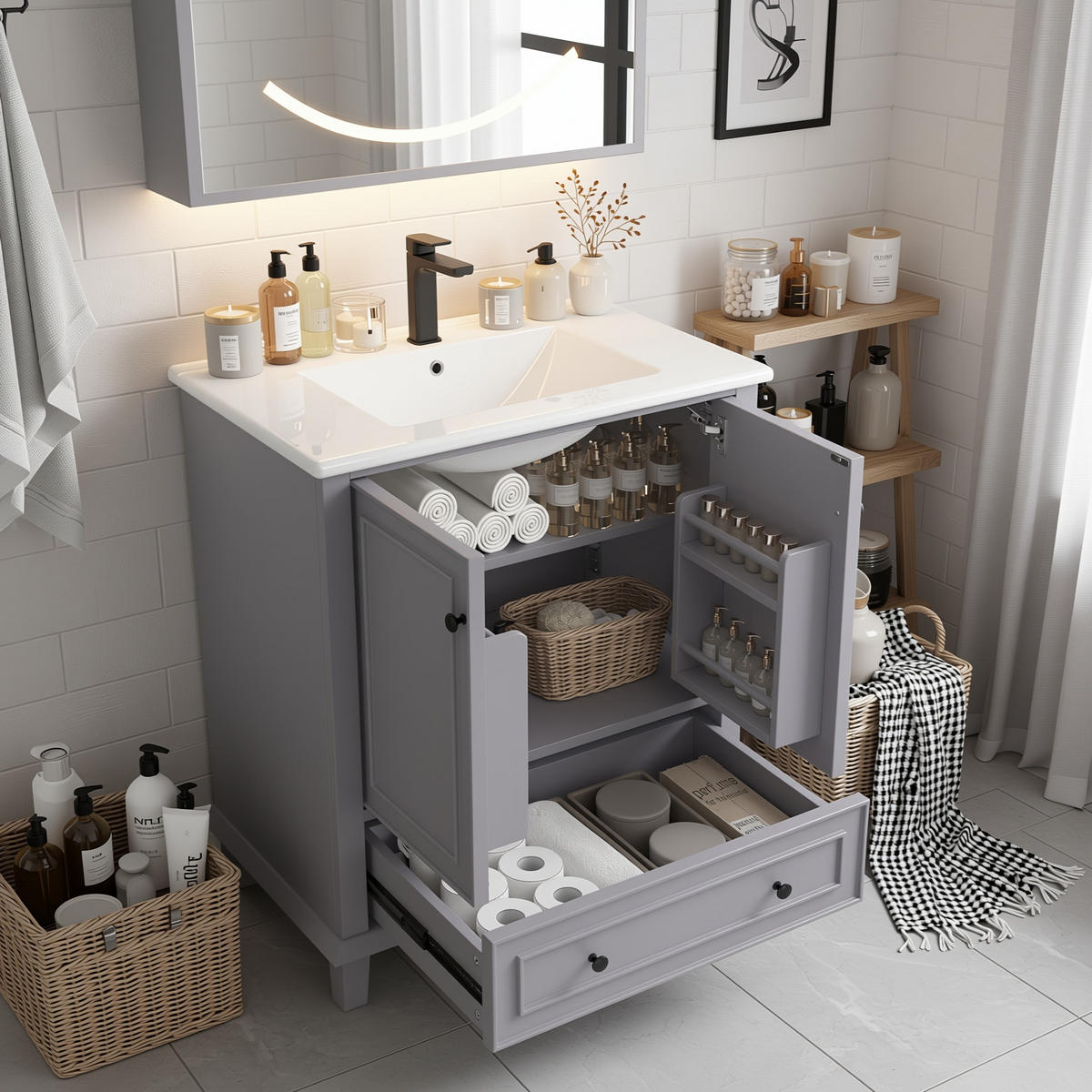 WASCHTISCHKOMBI Schwarz mit Doppelbecken & 2 Schubladen - Grau, Keramik/Holzwerkstoff (76/87/46cm) - Urban Meuble