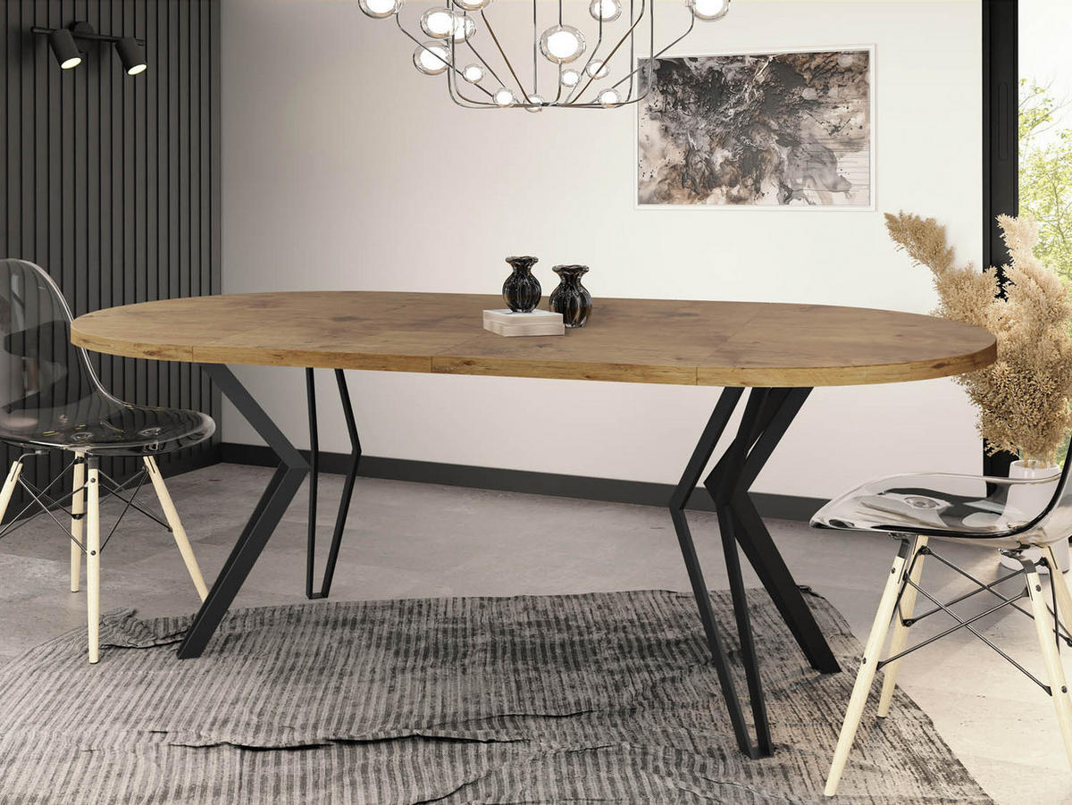 ESSTISCH Revena runder ausziehbarer, Lancelot Eiche 100-180/100/76 cm - Eichefarben/Schwarz, Holzwerkstoff/Metall (100/100/76cm) - WFL GROUP