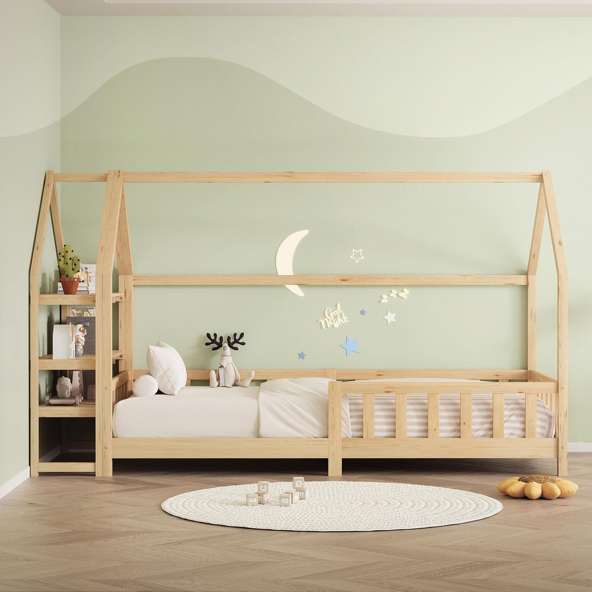 DĚTSKÁ POSTEL 90x200 cm s matrací a policí z přírodního borového dřeva - přírodní, dřevo (90/200cm) - ML-DESIGN