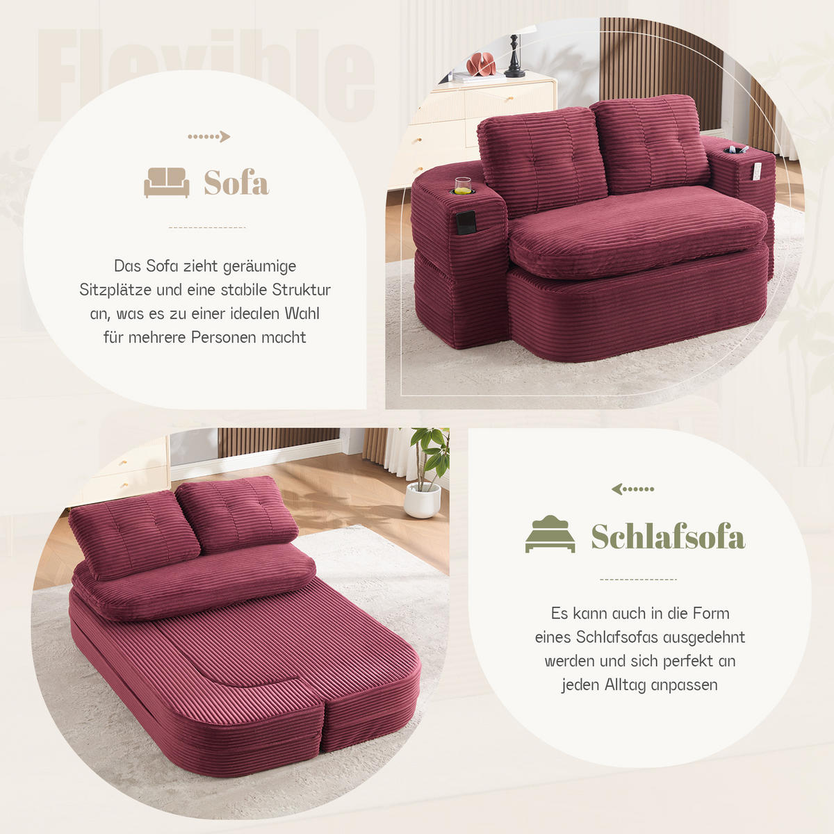 SOFA mit Liegefunktion und Getränkehaltern aus Cord in Weinrot - Weinrot, Textil (165/61/97cm) - EVRYAE