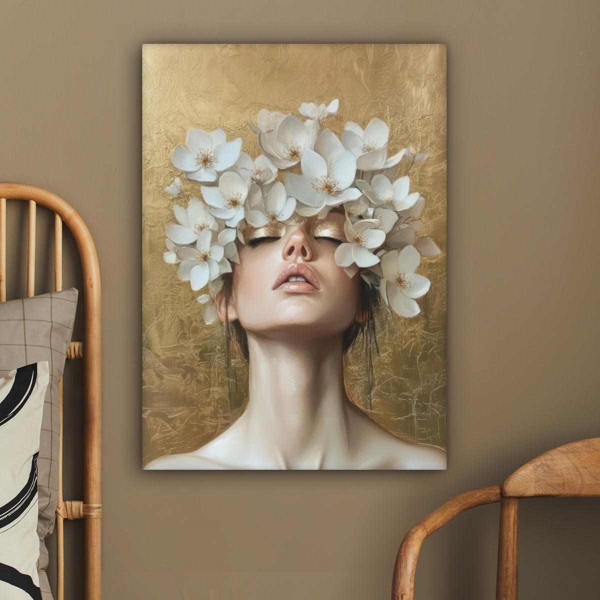 LEINWANDBILD Gesicht - Blumen - Gold - Abstrakt Wandbild Wohnzimmer 60x80 cm - Goldfarben, Textil (60/80cm) - MuchoWow