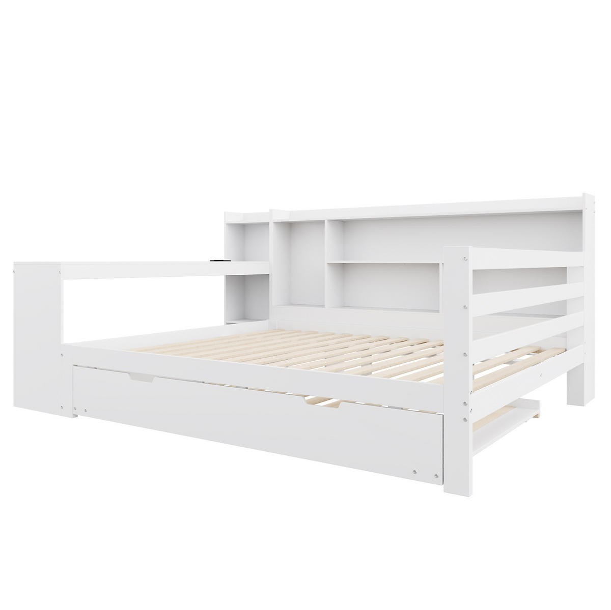 BETT aus 140x200 cm Weiß mit Ausziehbett, Schreibtisch, Regalen und Steckdose - Weiß, Holzwerkstoff (90/200cm) - Modfu