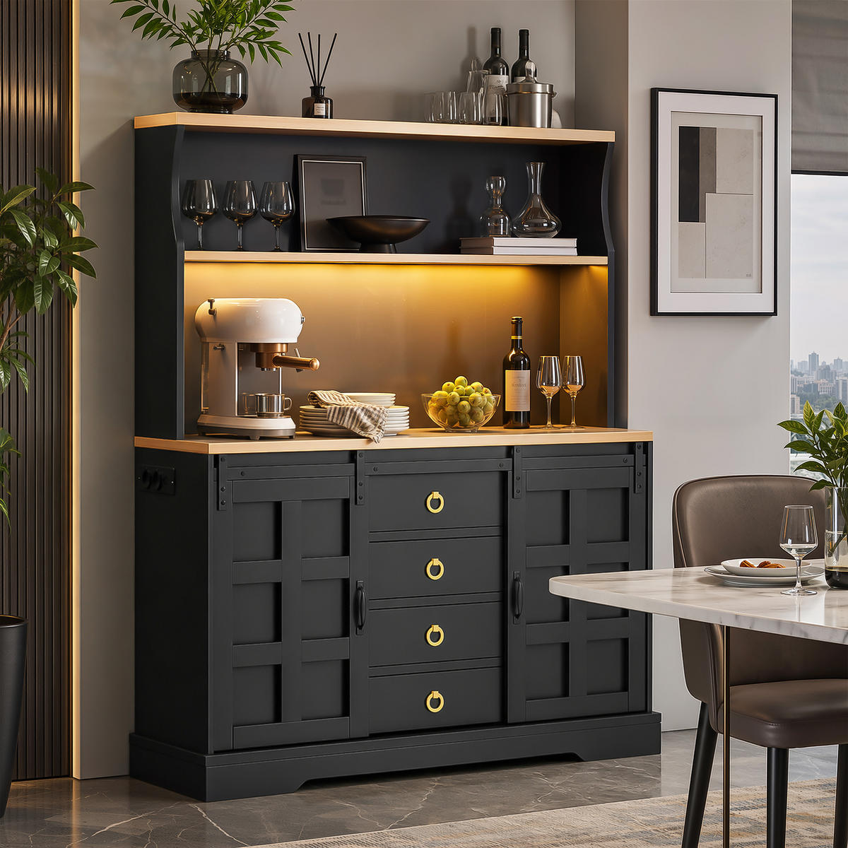 BUFFET 150 cm MDF Schwarz Scheunenstil mit RGB-LED und Weinregal - Schwarz, Holzwerkstoff (40/150/120cm) - Korfee