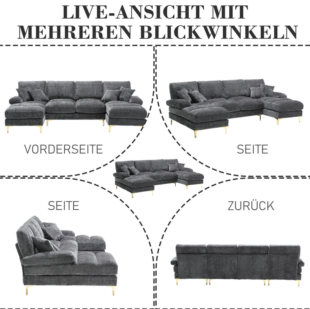 U-FORM Wohnlandschaft Chenille mit 2 Liegeflächen 272/136/88 cm Grau - Grau, Textil/Metall (136/88/272cm) - Redom