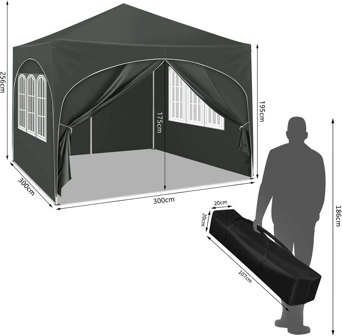 PAVILLON, Faltpavillon 3x3 m, mit 4 Seitenwänden, Grau - Grau, Metall (300/260/300cm) - Woltu