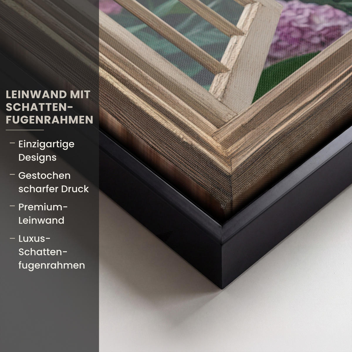 LEINWAND Bilder mit Rahmen - Aussicht - Garten - Fenster - Hortensie - Blumen - 70x50 - Pastellblau, Textil (70/50cm) - MuchoWow
