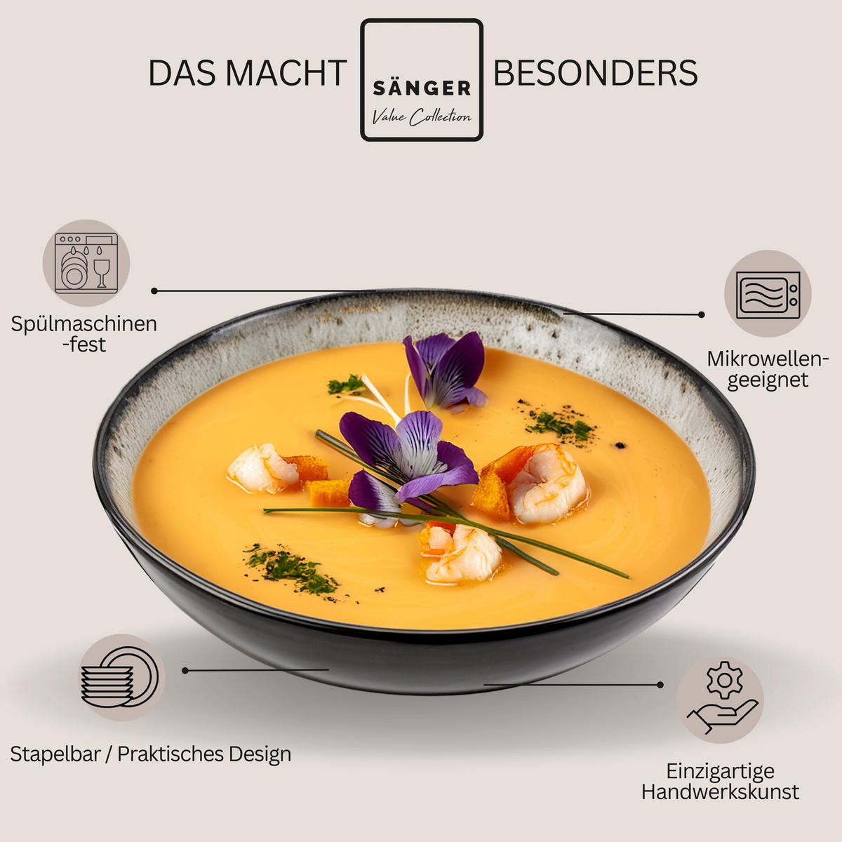 SUPPENTELLER SET SANSIBAR - 6 teilig aus Steingut - Schwarz, Keramik (20cm) - Sänger