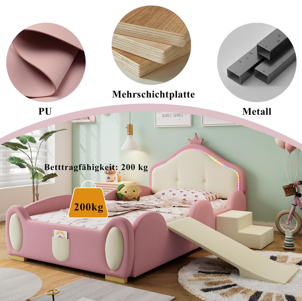 KINDERBETT 90/200 cm mit LED-Streifen, Rutsche, Treppe und weichen Schutzkanten aus PU, Rosa/Beige - Rosa, Kunststoff (90/200cm) - Redom