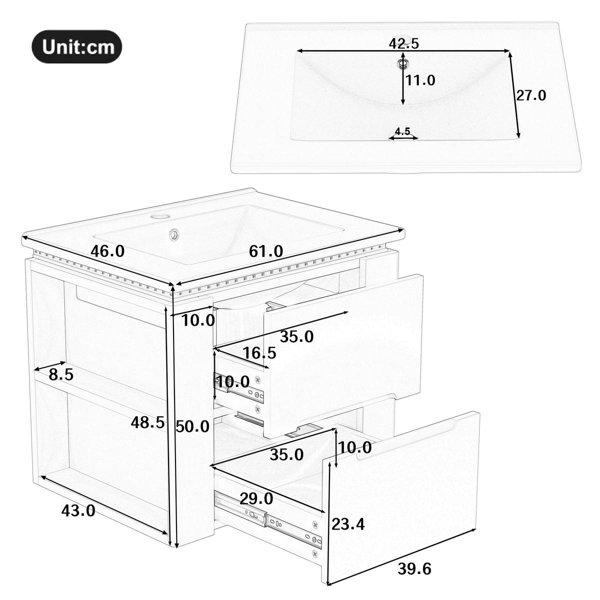 WANDMONTIERTER Badezimmerschrank 61x46x48.5cm in Weiß mit Radar-Sensor-LED & Keramikbecken - Weiß, Holzwerkstoff (61/48.5/46cm) - Modfu