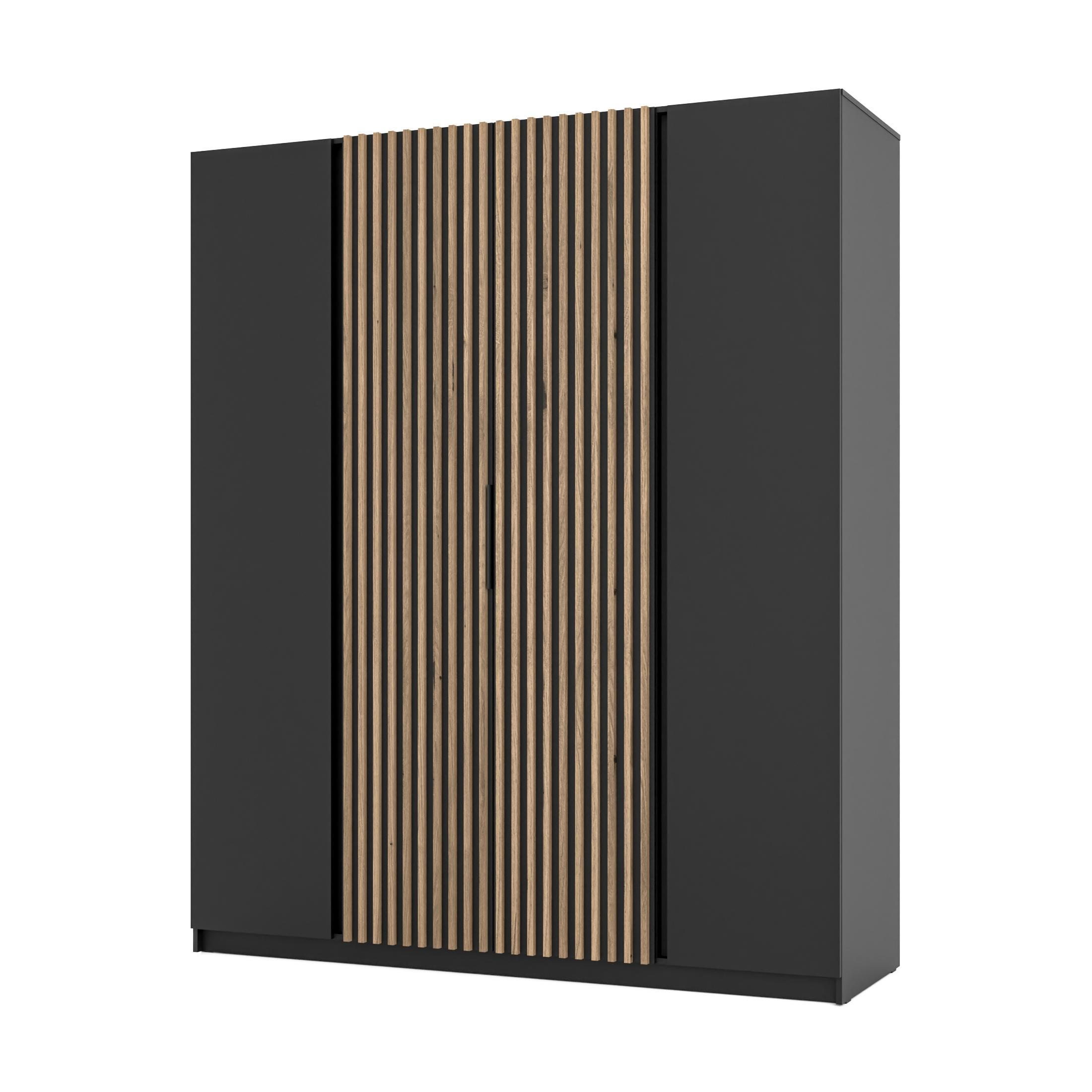 KLEIDERSCHRANK Nehir Korpus Schwarz, Front Schwarz/Eiche Evoke 200 cm - 4T Modern mit 2 Lamellentüren mittig - Schwarz, Holzwerkstoff/Kunststoff (200/239/61.9cm) - AX Living