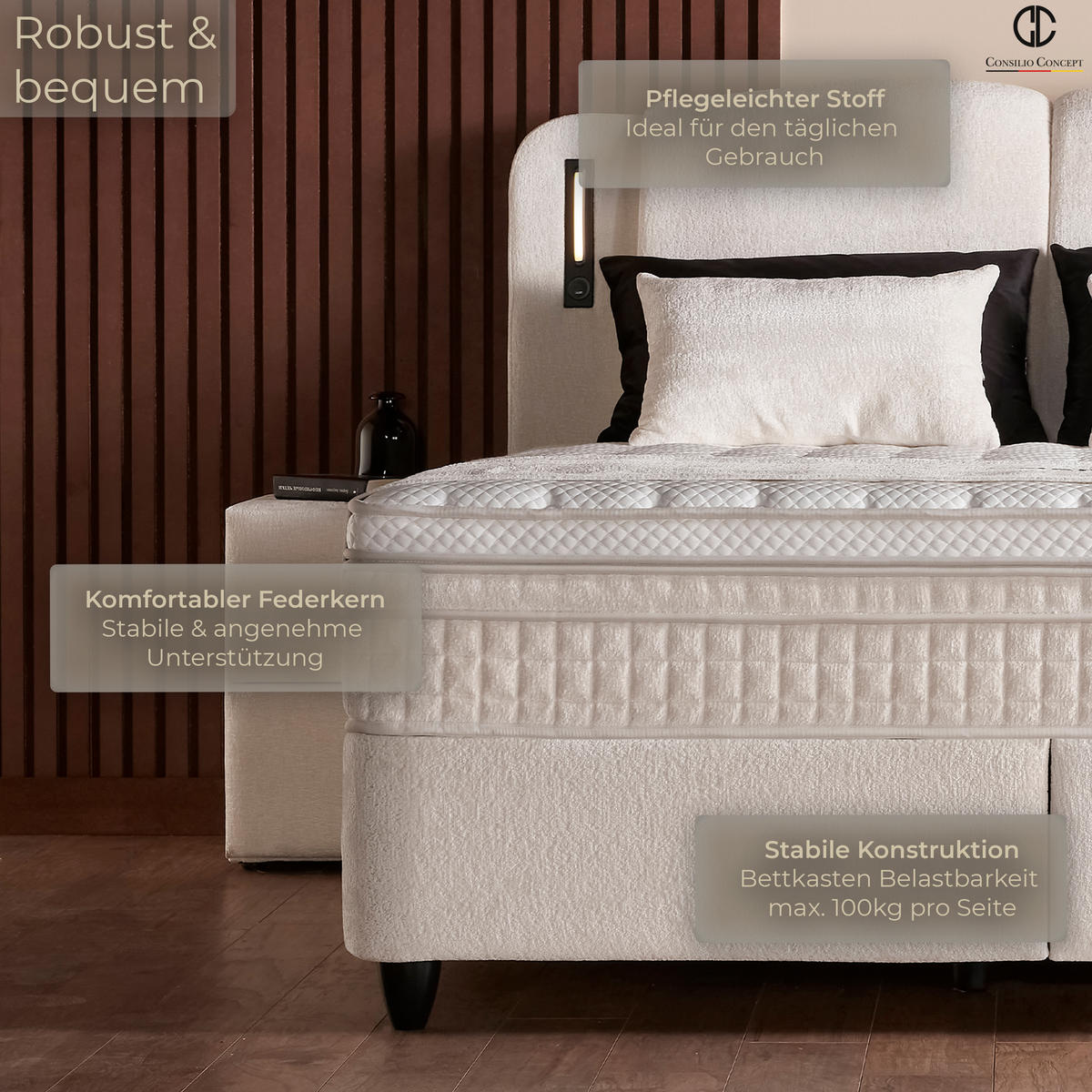 BOXSPRINGBETT MIT BETTKASTEN PORTO 120/200 cm, Beige, Bettkasten, Matratze, Topper integriert, H3 mittel 7-Zonen Matratze - Beige/Schwarz, Holz/Kunststoff (120/200cm) - Consilio Concept