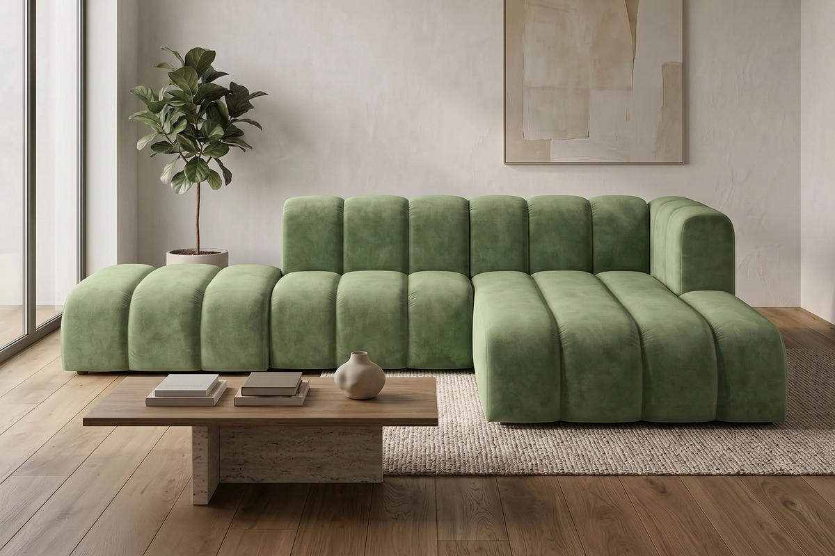 ECKSOFA Modulares In L-Form Mit Hocker, Velvet-Stoff Riviera, Olive, Rechts, GRAND Mini - Grün, Holz (295/179cm) - Kaiser Möbel
