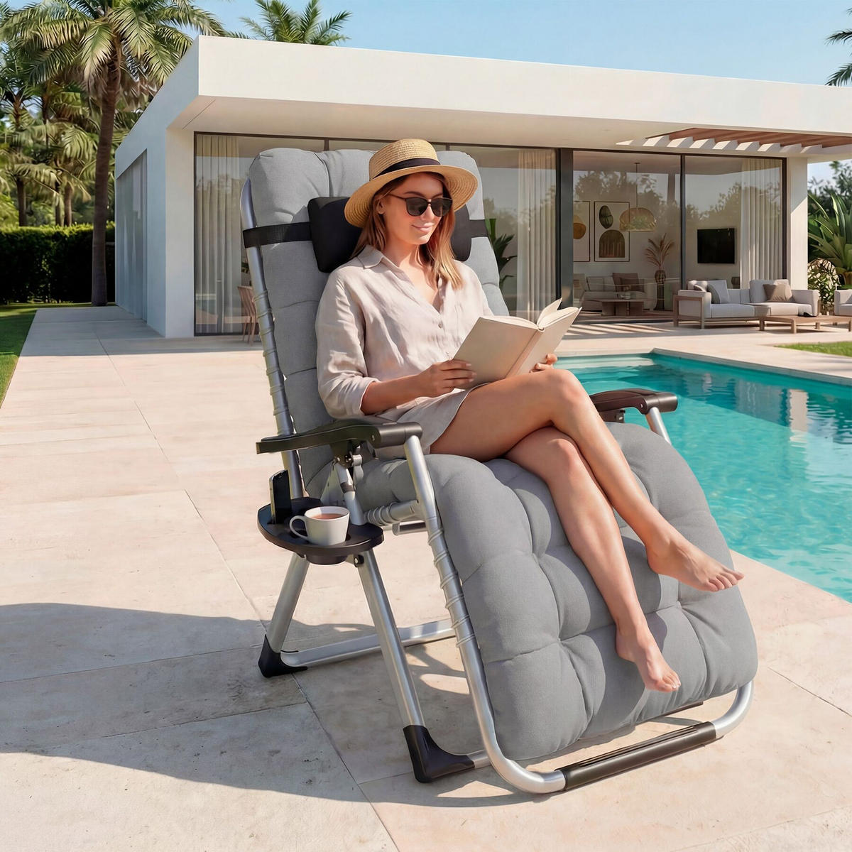 SONNENLIEGE 2er Set Cloud, 84 x 168 x 82,5 cm, mit Ablagetisch, hellgrau - Hellgrau, Kunststoff (84/103/113cm) - tectake