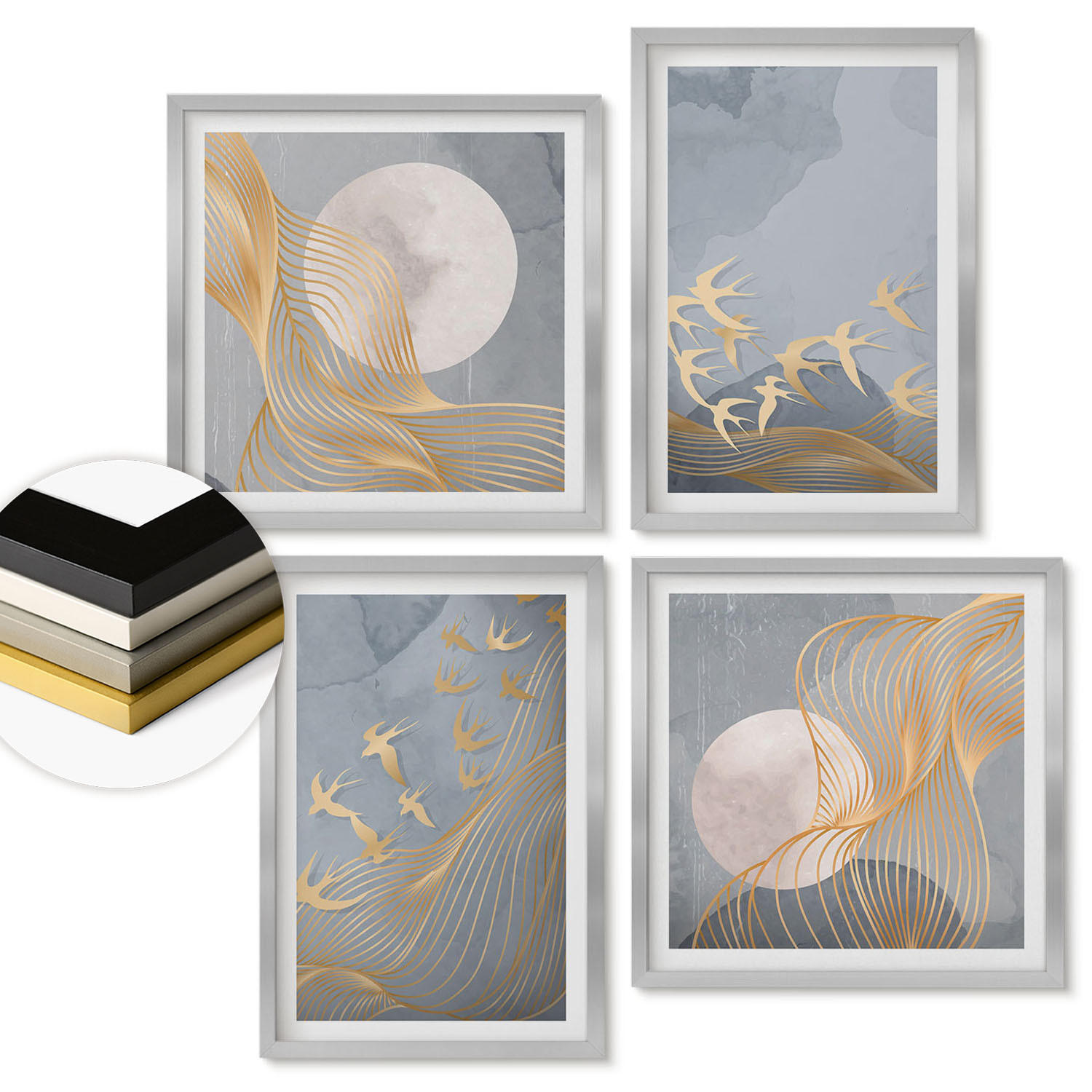 WANDBILDER 4er Set - 50x50 cm & 40x60 cm Silberner Rahmen - Vögel im Flug, Himmel, Mond - Silberfarben, Kunststoff (50/50cm) - ArtPrintCave