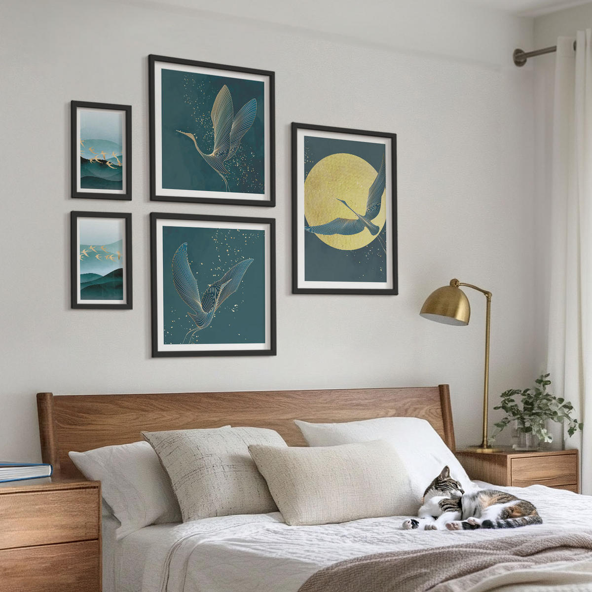 WANDBILDER 5er-Set - 50x50 cm & 20x30 cm & 40x60 cm Schwarzer Rahmen - Abstrakte Landschaften von Vogelwellen - Schwarz, Kunststoff (40/60cm) - ArtPrintCave