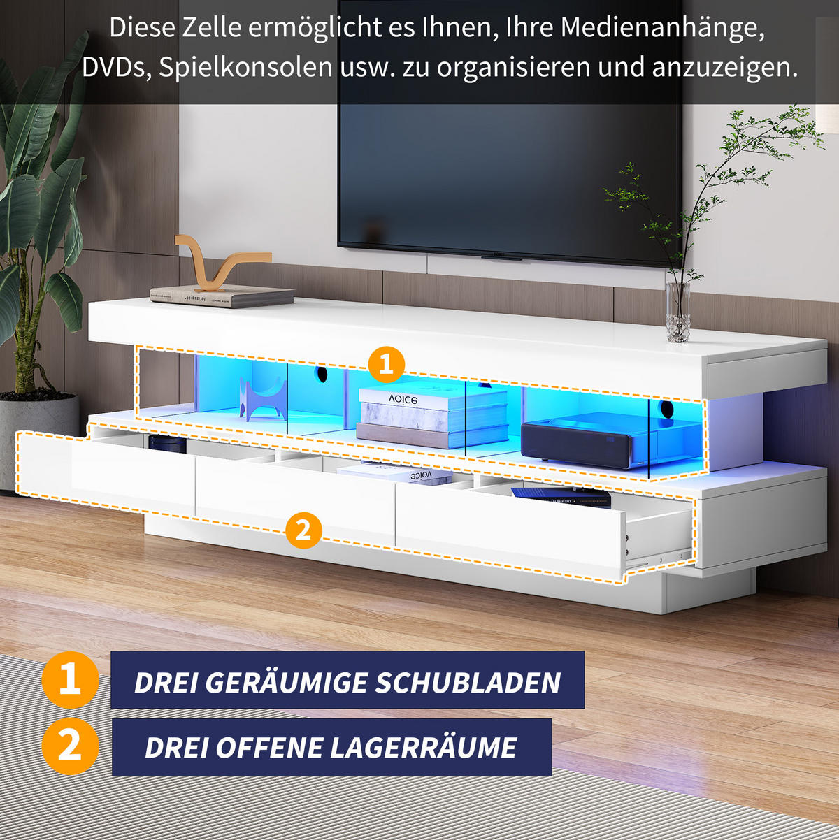 LOWBOARD 160/38/50.5 cm Weiß aus Spanplatte mit Hochglanz und LED-Beleuchtung - Weiß, Holzwerkstoff (38/50.5/160cm) - OKMYHOME