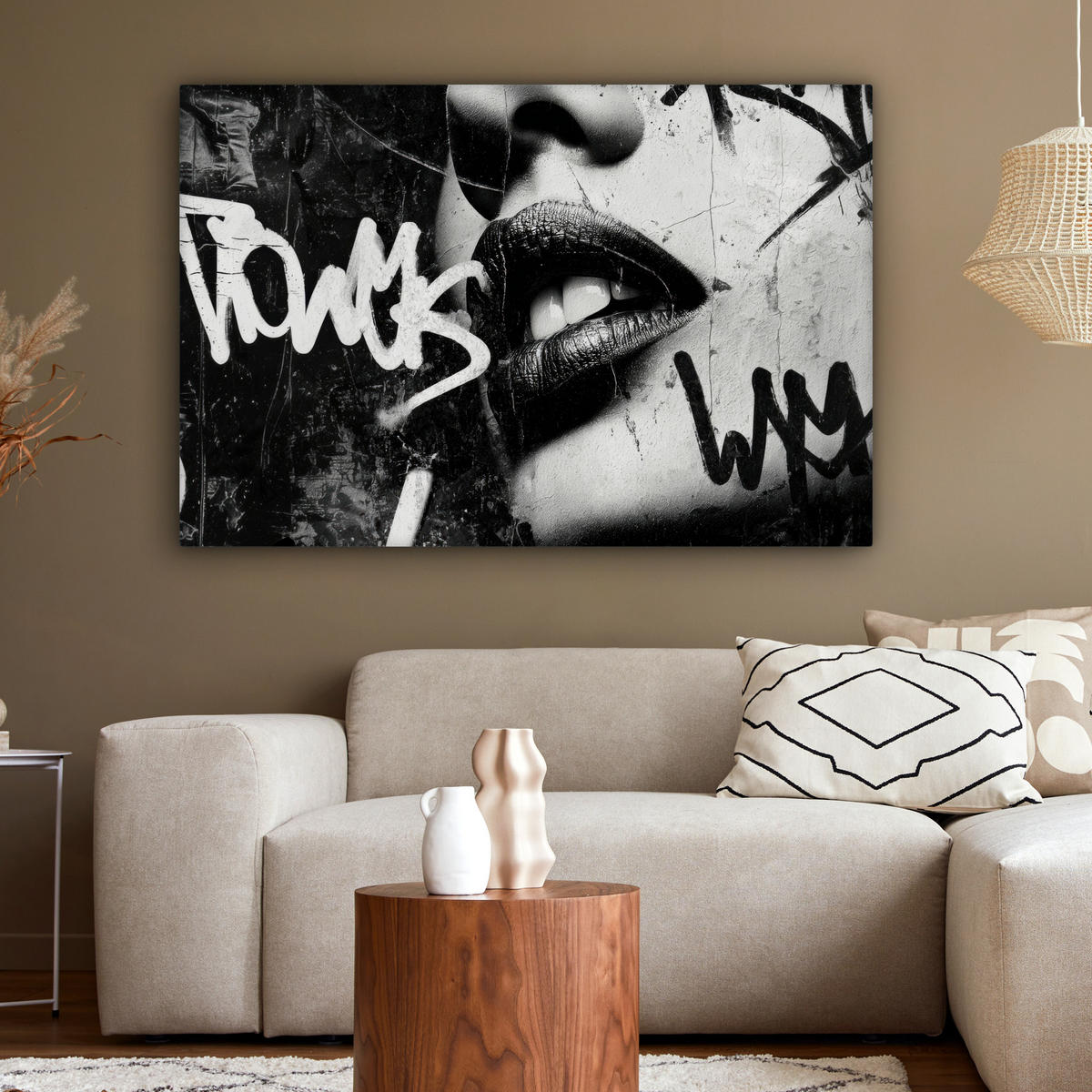 LEINWANDBILD Gesicht - Mund - Graffiti - Schwarz Wohnzimmer Groß 120x80 cm - Schwarz, Textil (120/80cm) - MuchoWow