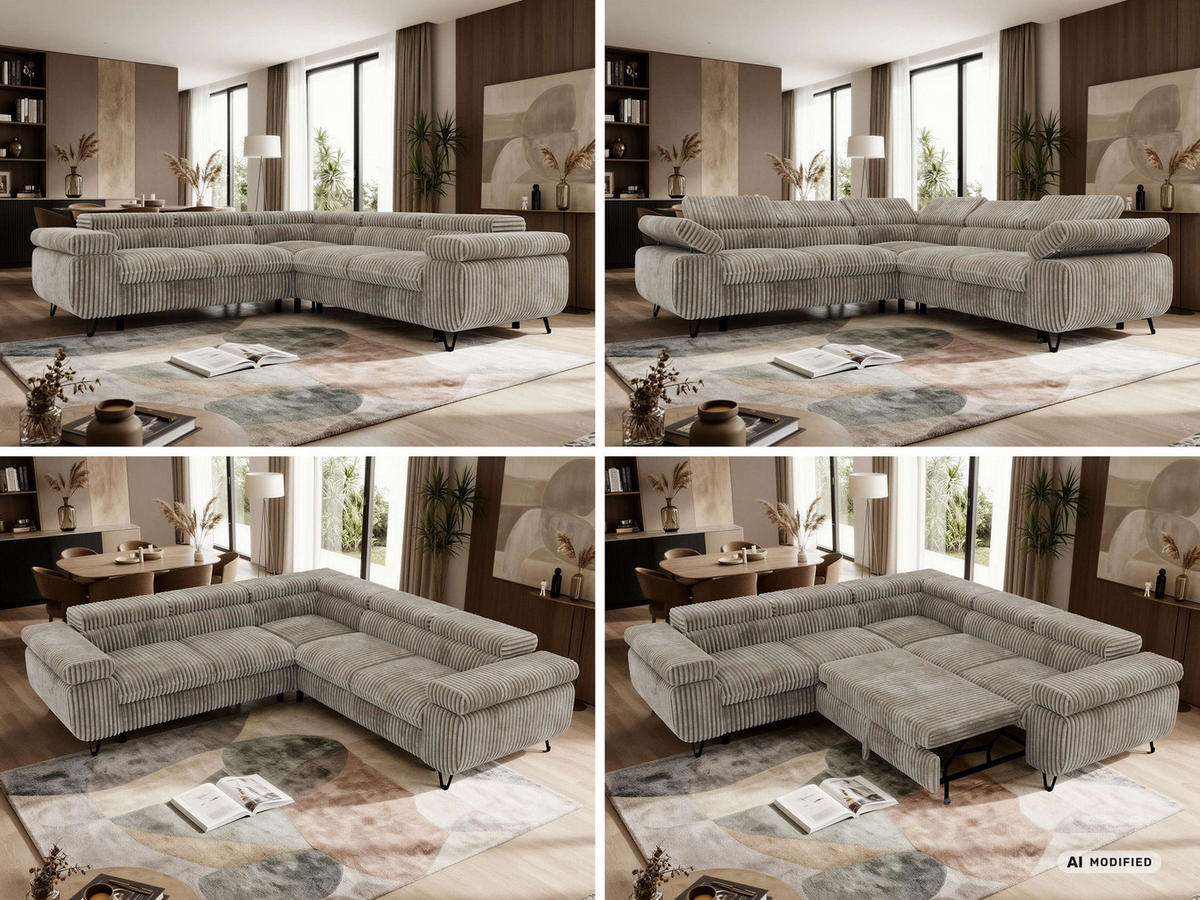 ECKSOFA QUADRO L - Hellbraun Cord - Links Seite - Hellbraun/Schwarz, Textil/Metall (269/269cm) - MKS
