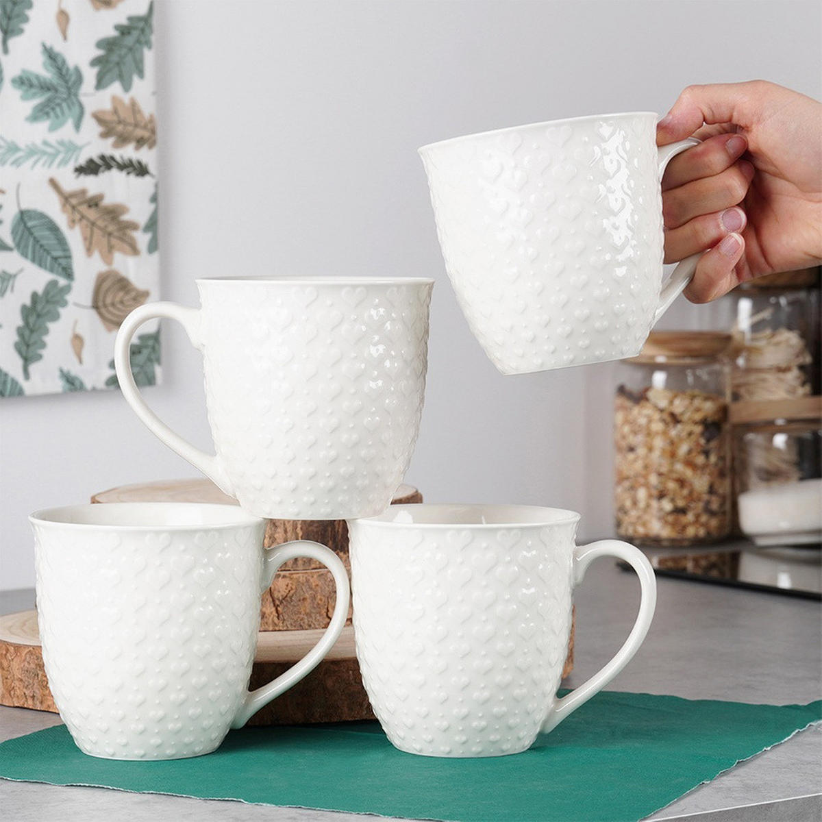 KERAMIKBECHER-SET HERZ, Keramik, weiß, 4 Stk., 580 ml - Weiß, Keramik (0.58L) - Orion 