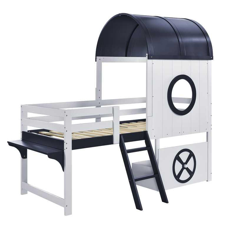 KINDEREINZELBETTEN aus Massivholz und MDF 90x200 cm in Weiß/Dunkelblau mit Dach & Fenster - Weiß, Holzwerkstoff (90/200cm) - Modfu