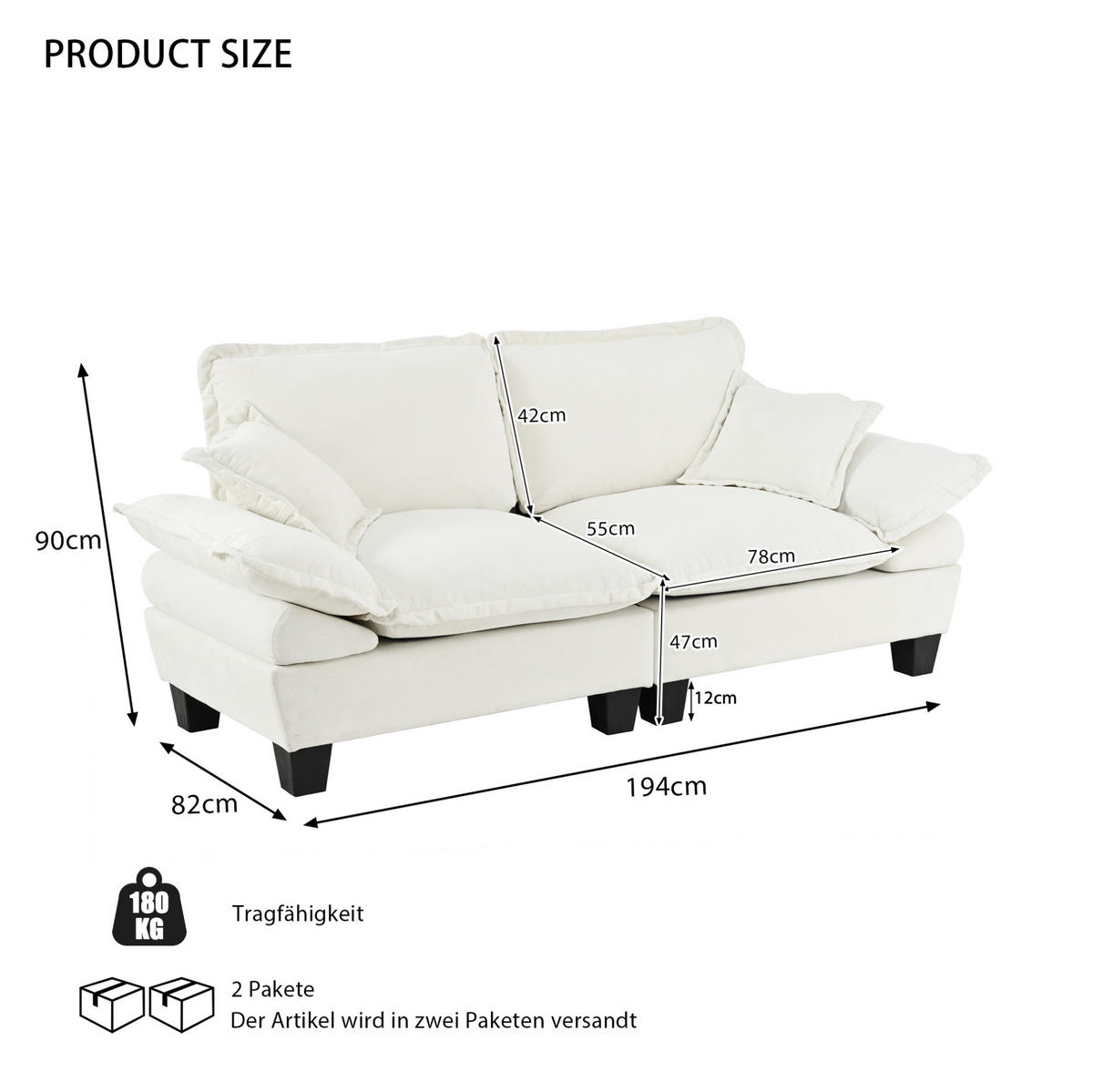2-SITZER Sofa 194/82/90 cm mit abnehmbaren Armlehnen und Chenille-Bezug, Beige - Beige, Textil (194/90/82cm) - Redom