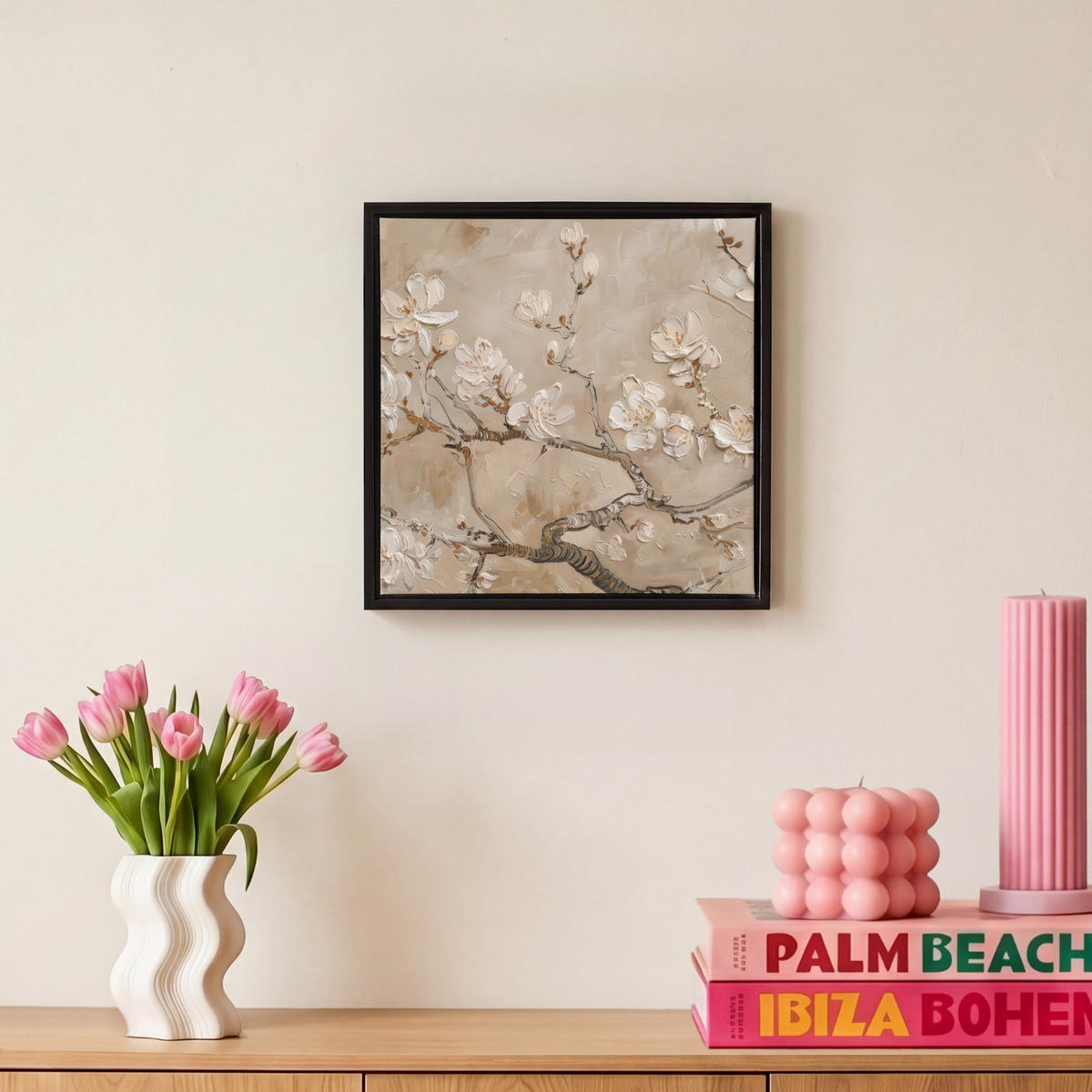 LEINWAND Bilder mit Rahmen - Blumen - Modern - Beige - Weiß - Blüte - 20x20 - Beige, Textil (20/20cm) - MuchoWow