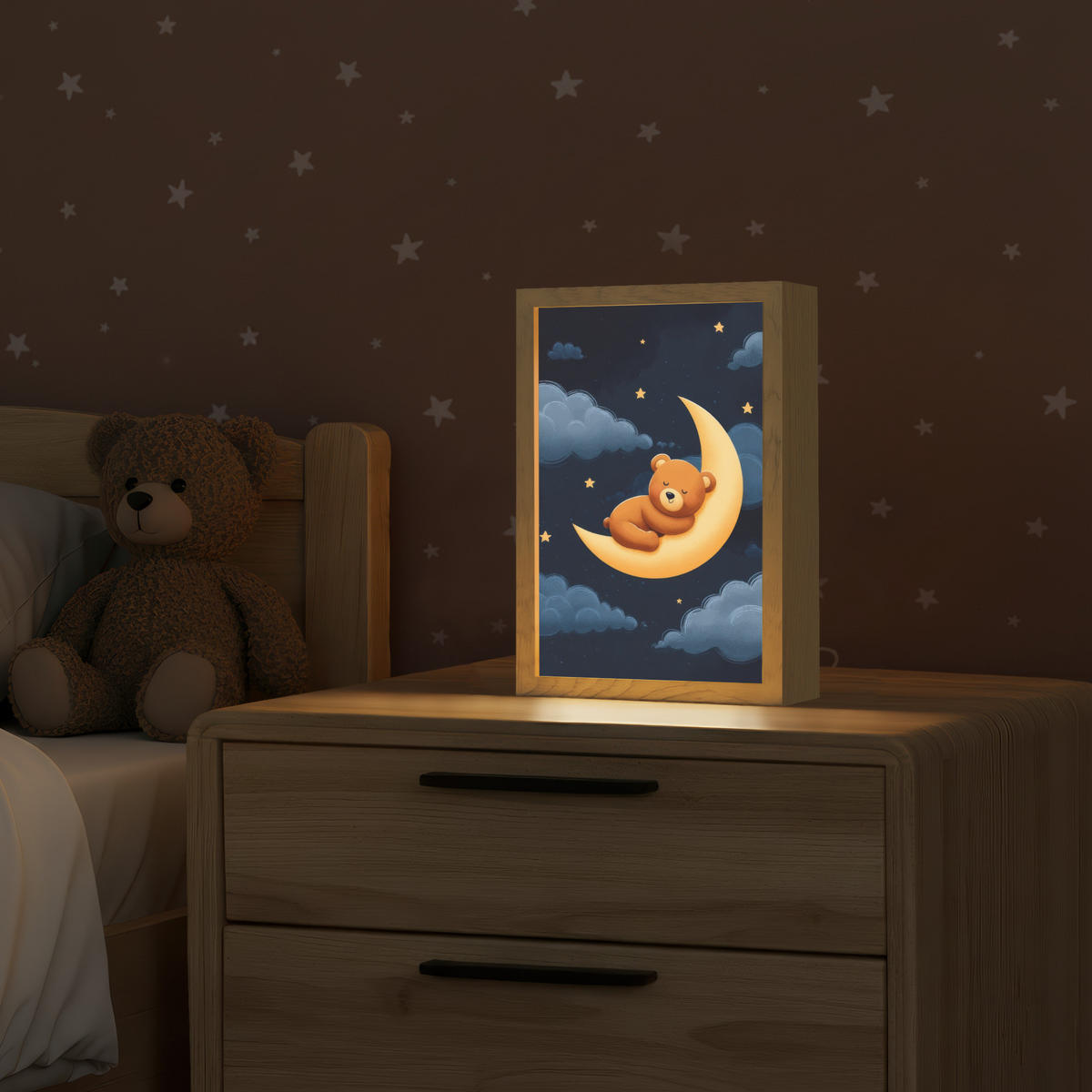 NACHTTISCHLAMPE Teddybär - Mond - Wolken - Sterne 20x30 cm - Dunkelblau, Holzwerkstoff (8/20/30cm)
