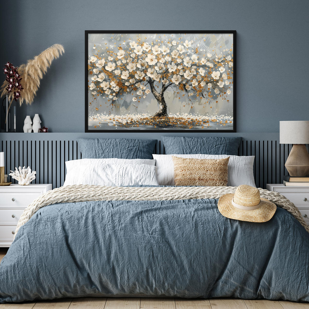 POSTER MIT RAHMEN Baum - Blumen - Weiß - Natur - Kunst 120x80 cm - Weiß, Papier (120/80cm) - MuchoWow