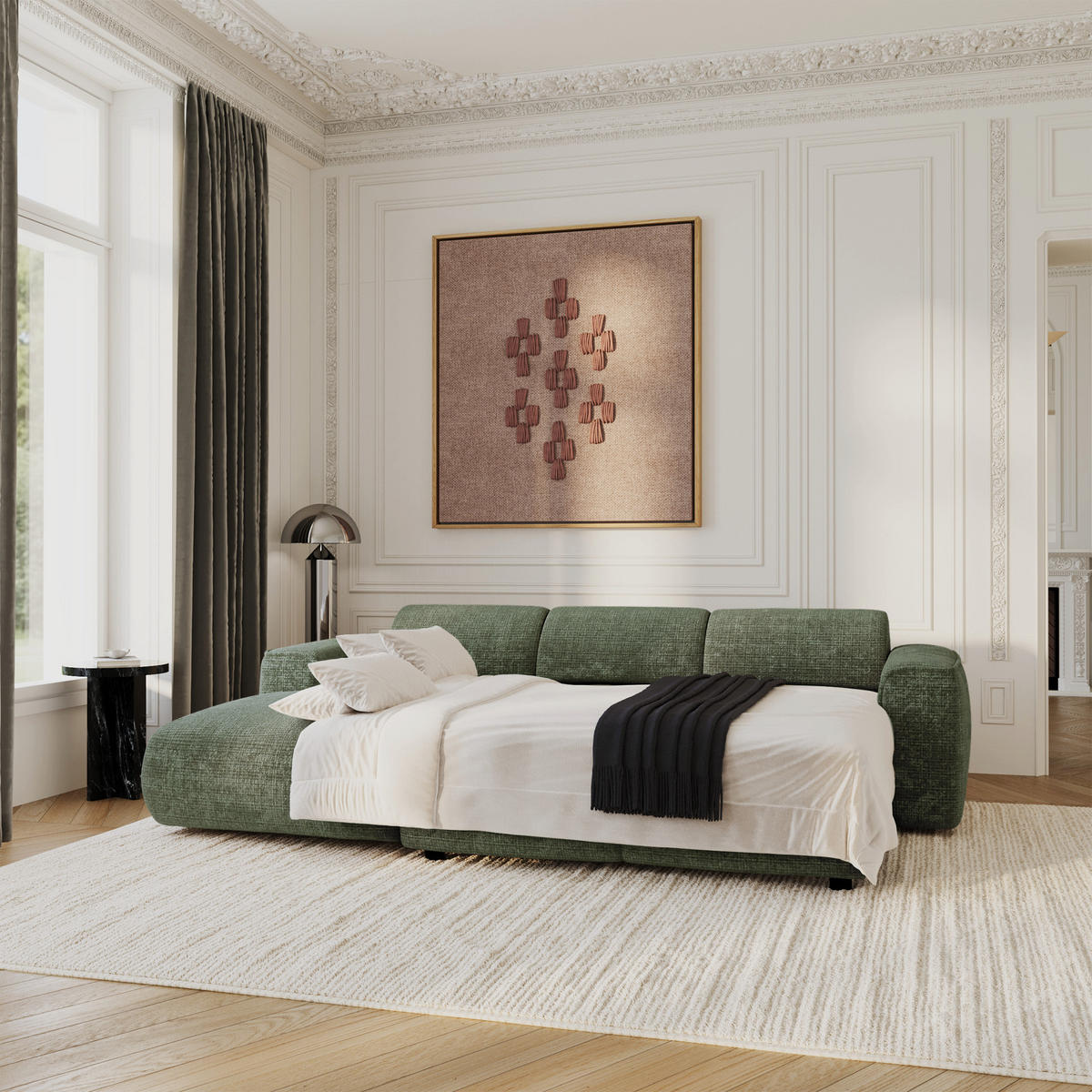 ECKSCHLAFSOFA Geprägter Samt Smaragdgrün 283cm - Smaragdgrün, Textil (283/180cm) - Sia Home