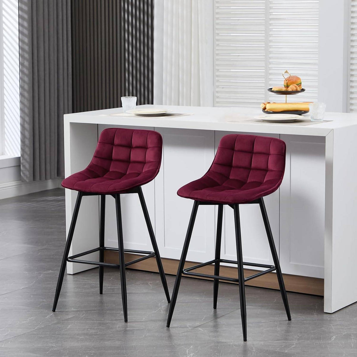BARHOCKER 4er Set, Fußstütze, Samt, Bordeaux - Bordeaux/Schwarz, Textil/Metall (43/88/35.5cm) - Woltu