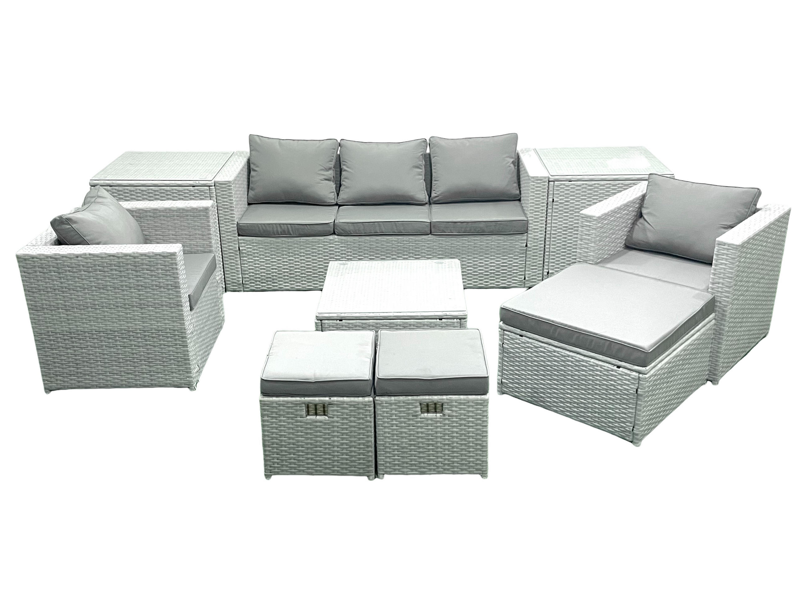GARTENMÖBEL-SET mit Kissen Polyrattan Hellgrau-Mix 8-Sitzer - Hellgrau/Grau, Glas/Kunststoff - Fimous
