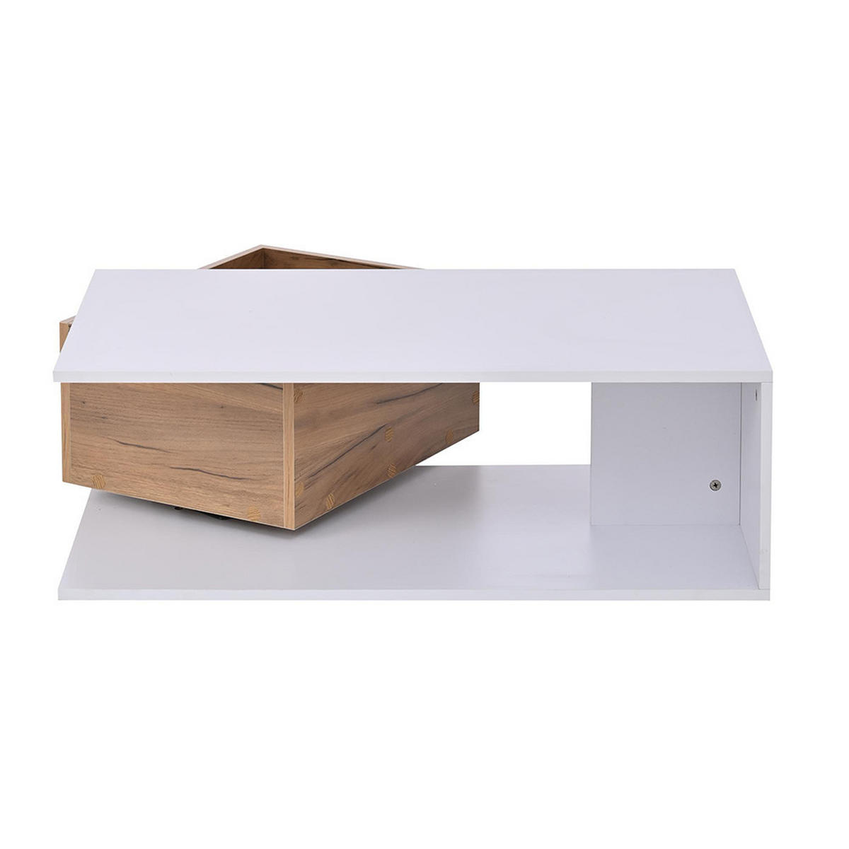 COUCHTISCH in 90x50x30cm, Schublade 360° frei drehbar, Weiß + Holzfarbe - Weiß, Holzwerkstoff (90/50/30cm) - KOMHTOM